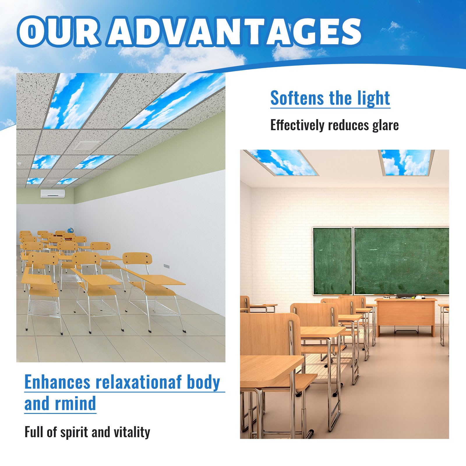 Hortsun Fluorescent Light Covers Magnetic Shade Panel 4 x 2 Feet Cloud Blue Sky Oxford Fabric