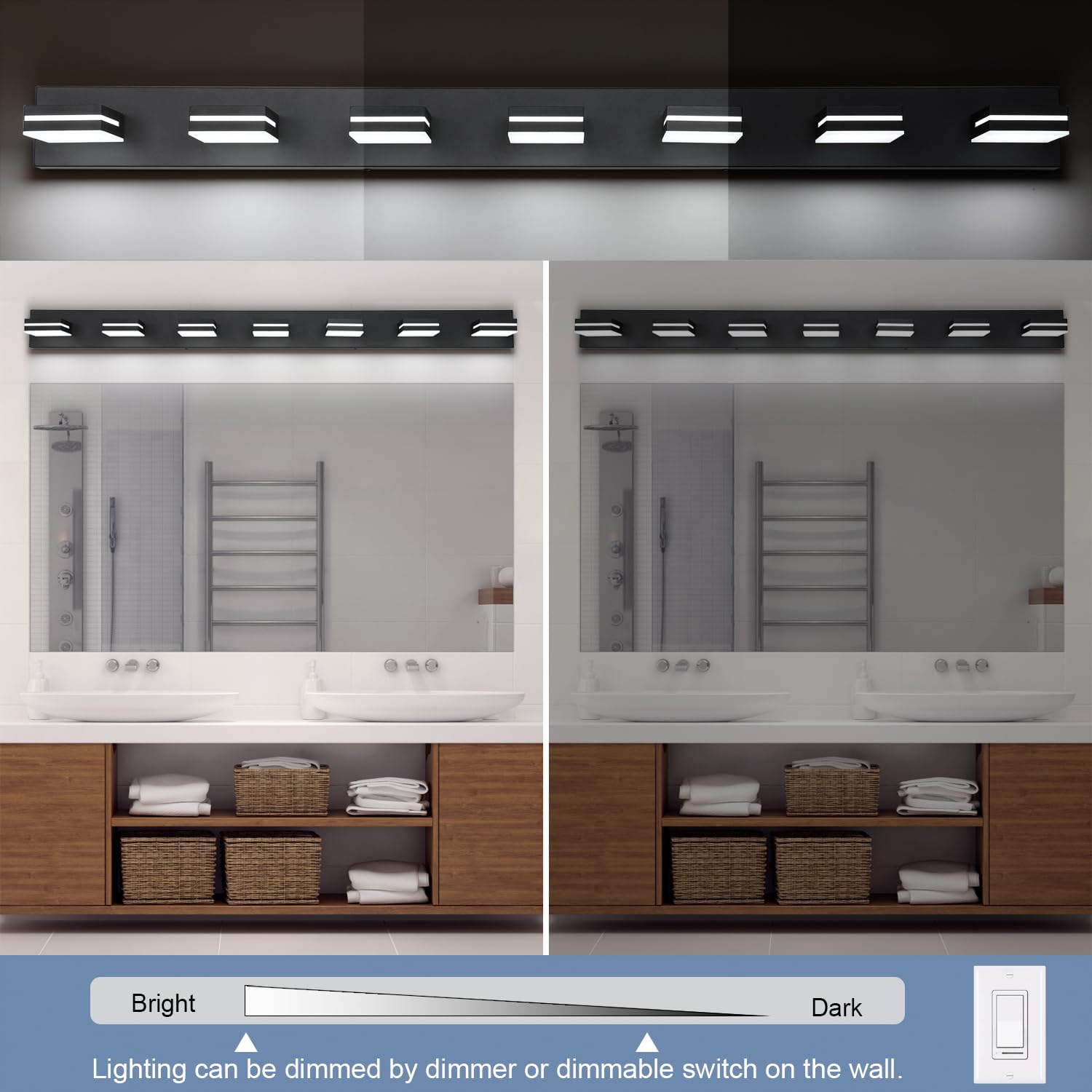 Sinerise Led Modern Bathroom Vanity Light Fixtures (7-Light, 55-Inch), Matte Black Modern Acrylic Bathroom Wall Lighting Fixture