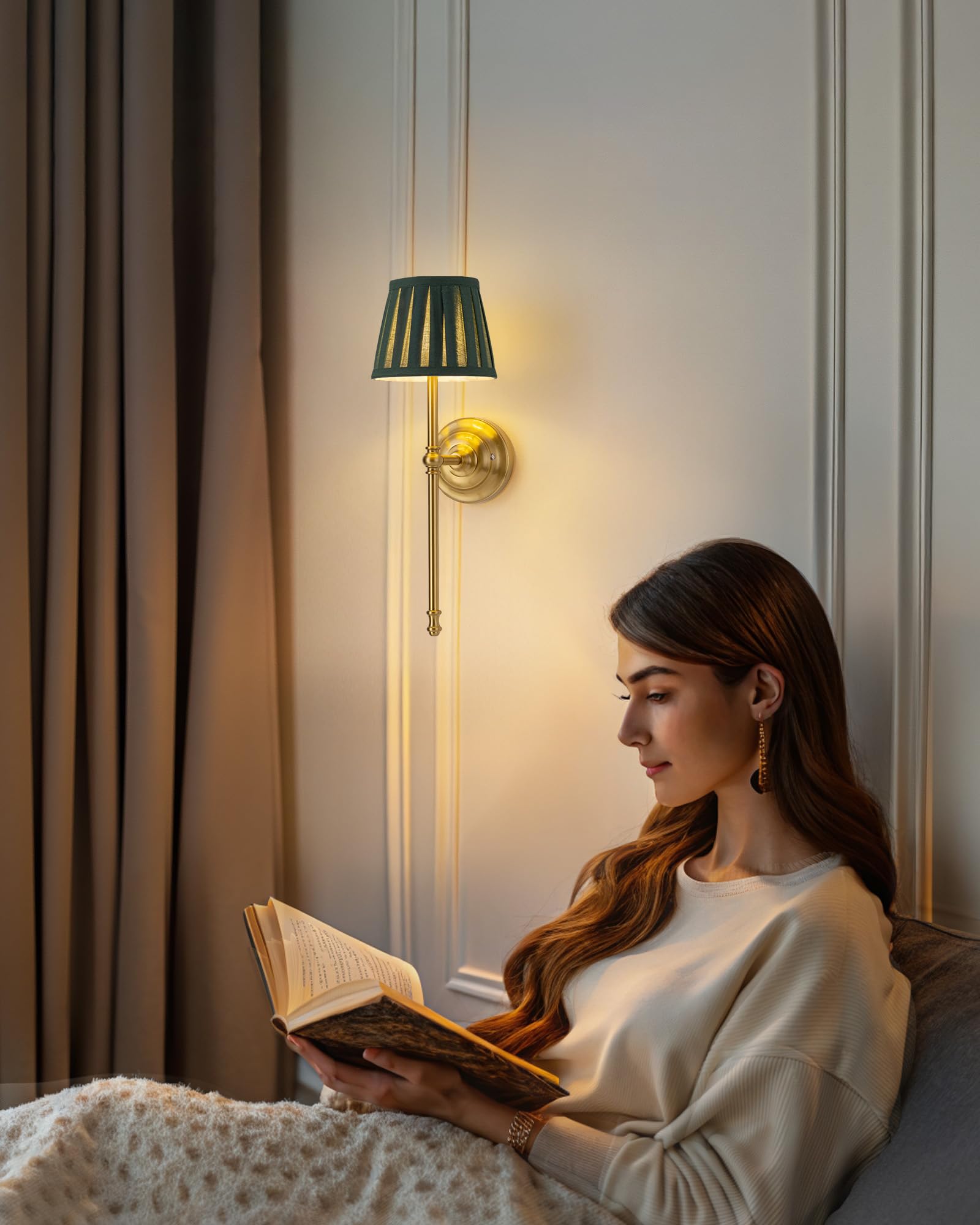 KDG Cordless Wall Sconces Set of 2 - Rechargeable LED Fabric Lamps, Green & Gold, Perfect for Living Room, Bedroom, Hallway