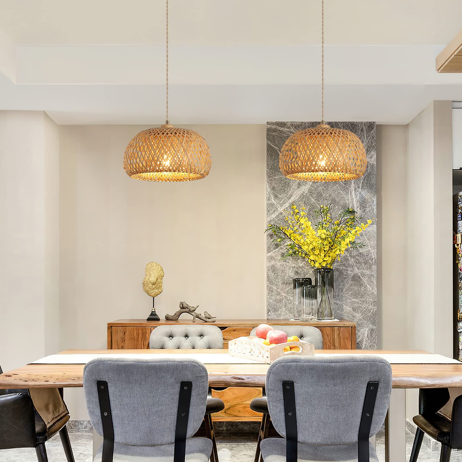 Hchunqjor Bamboo Plug-In Pendant Light, 14Ft Cord, Dimmable, Boho Basket Lamp For Home Decor