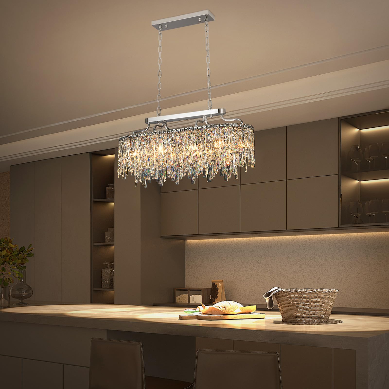 Nisidun 10 Light Crystal Chandelier | Chrome Oval-Shaped Crystal Chandeliers For Dining Room Light Fixture  32 Modern Ceiling Lighting Fixture For Dining Room Kitchen Island Bar