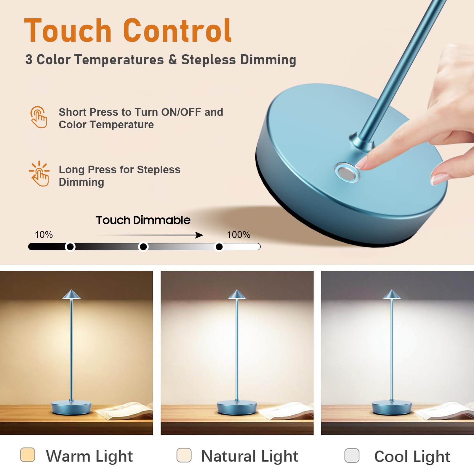 Tpczqj Rechargeable Cordless Table Lamp, LED, 6000mAh, Touch 3 Color Dimming, Waterproof, One-Blue, Model x12