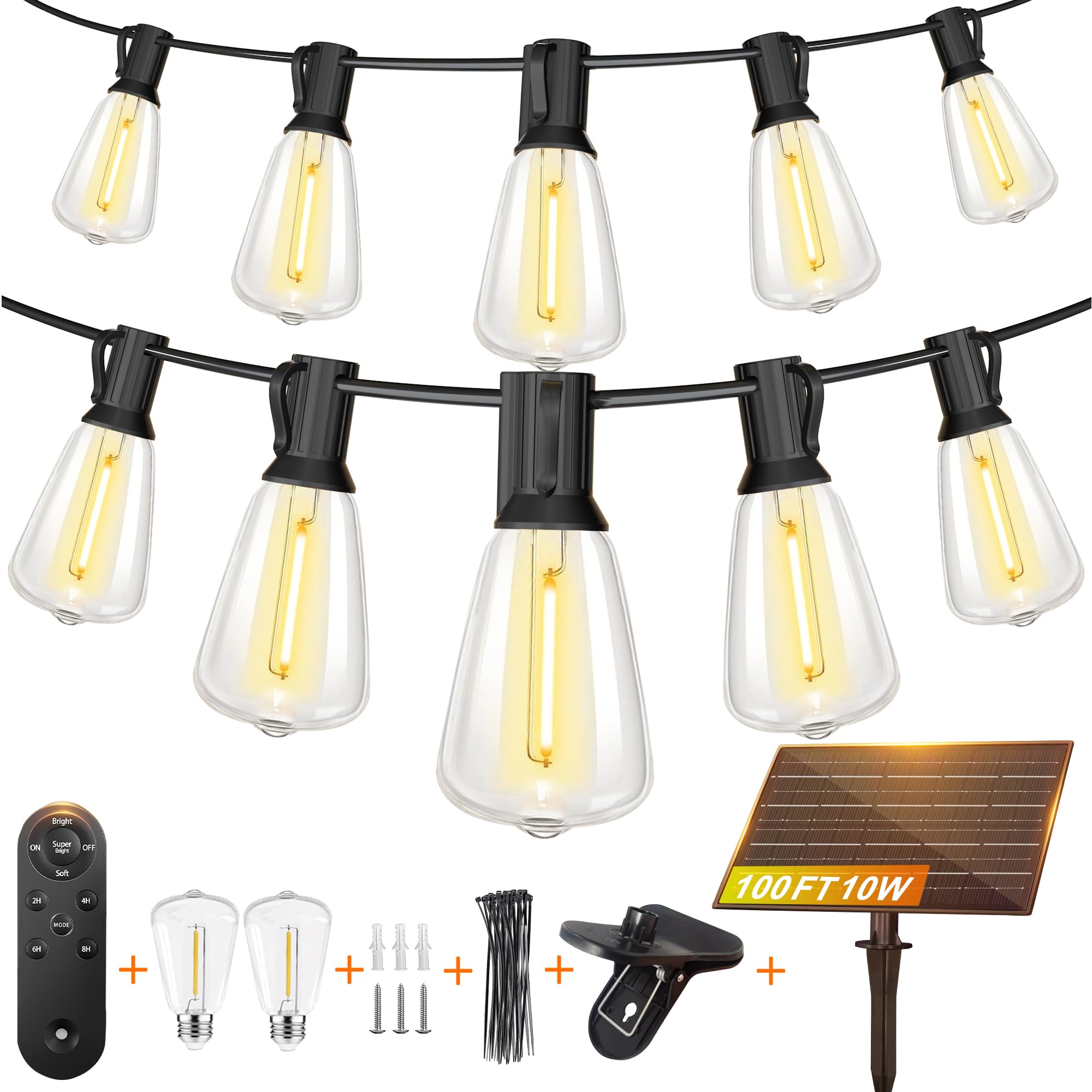 BLIATLUS 55FT Solar String Lights Outdoor Waterproof with Remote Control Solar Patio Lights 24+2 shatterproof LED ST38 Bulbs for
