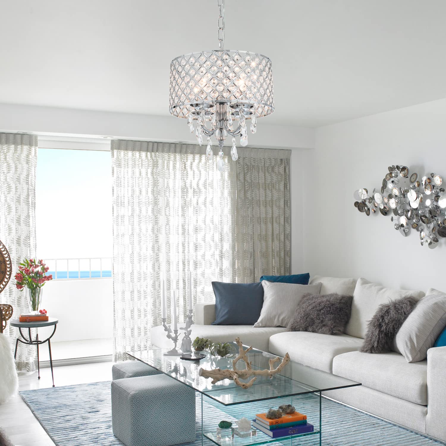 VILUXY Crystal Chandelier - Modern Chrome Pendant Light, 4-Light Drum Shade for Bedroom, Kitchen, Dining Room