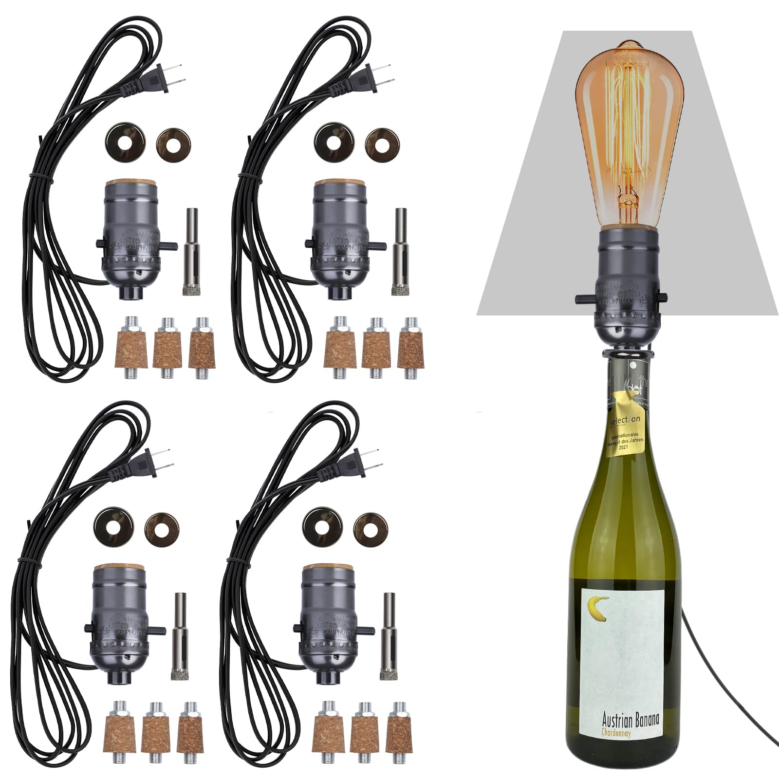 Aokpsrt Bottle Lamp Kit DIY with 9mm Glass Drill Bit, Slip-On Socket, 8ft Power Cord, 4-Packs, Black1