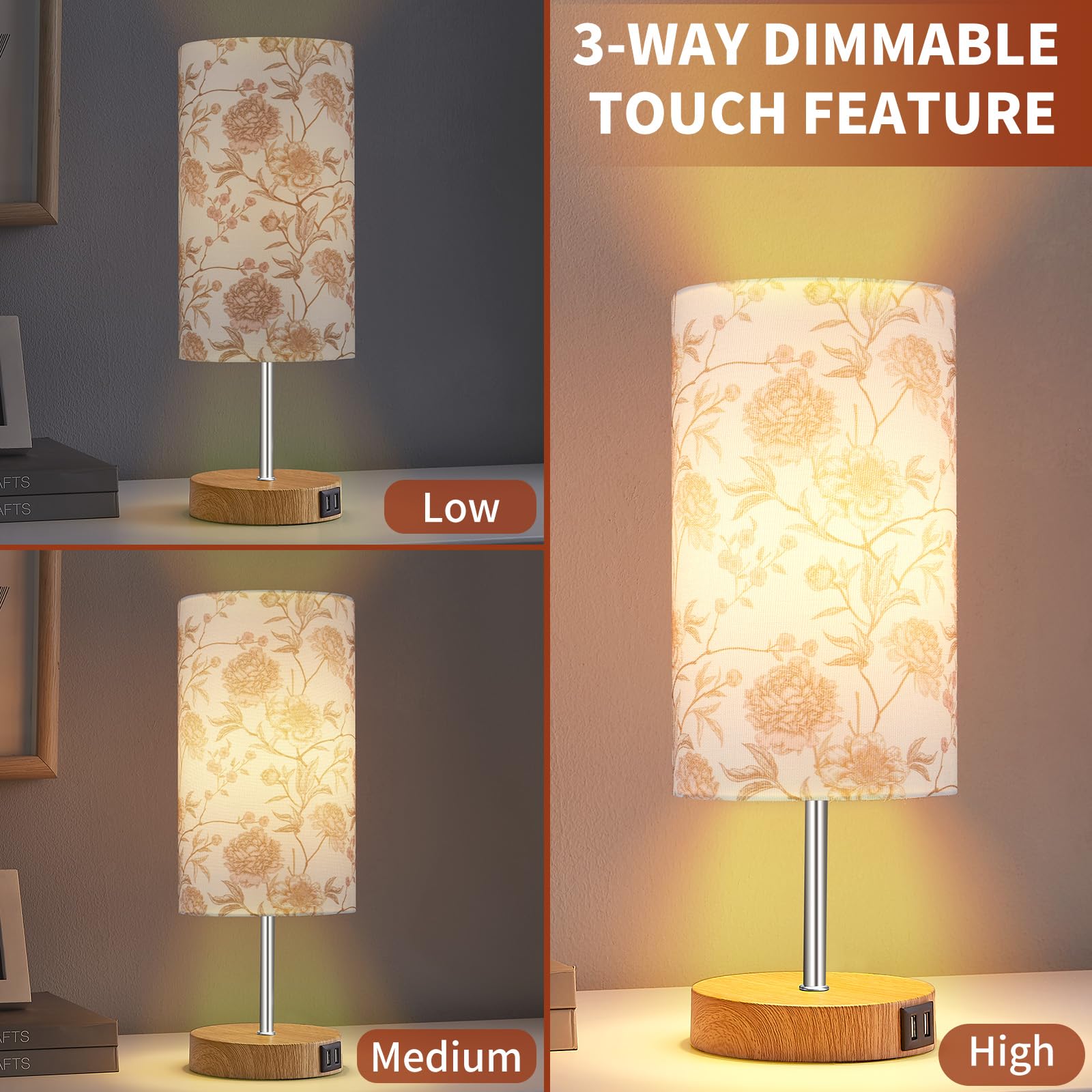 Lolikit Bedside Touch Lamp, Wood Small Table Lamp With 2 Usb Charging Ports & Flower Fabric Shade, 3-Way Dimmable Nightstand Lam