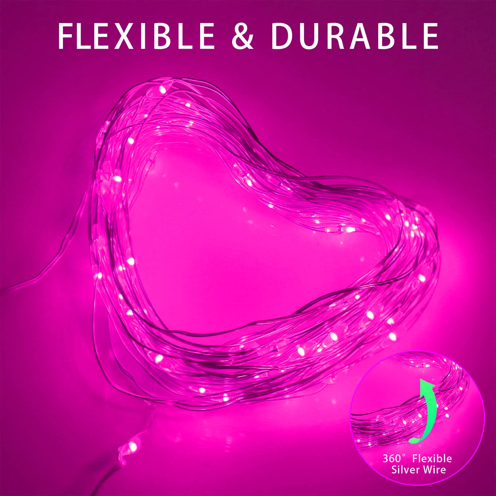 Yaozhou Solar Christmas String Lights Pink Outdoor Waterproof 100 Led(2 Pack) 8 Modes Copper String Lights Fairy Lights For Valentine'S Day Garden, Patio, Fence, Balcony, Outdoors(Pink 2Pcs