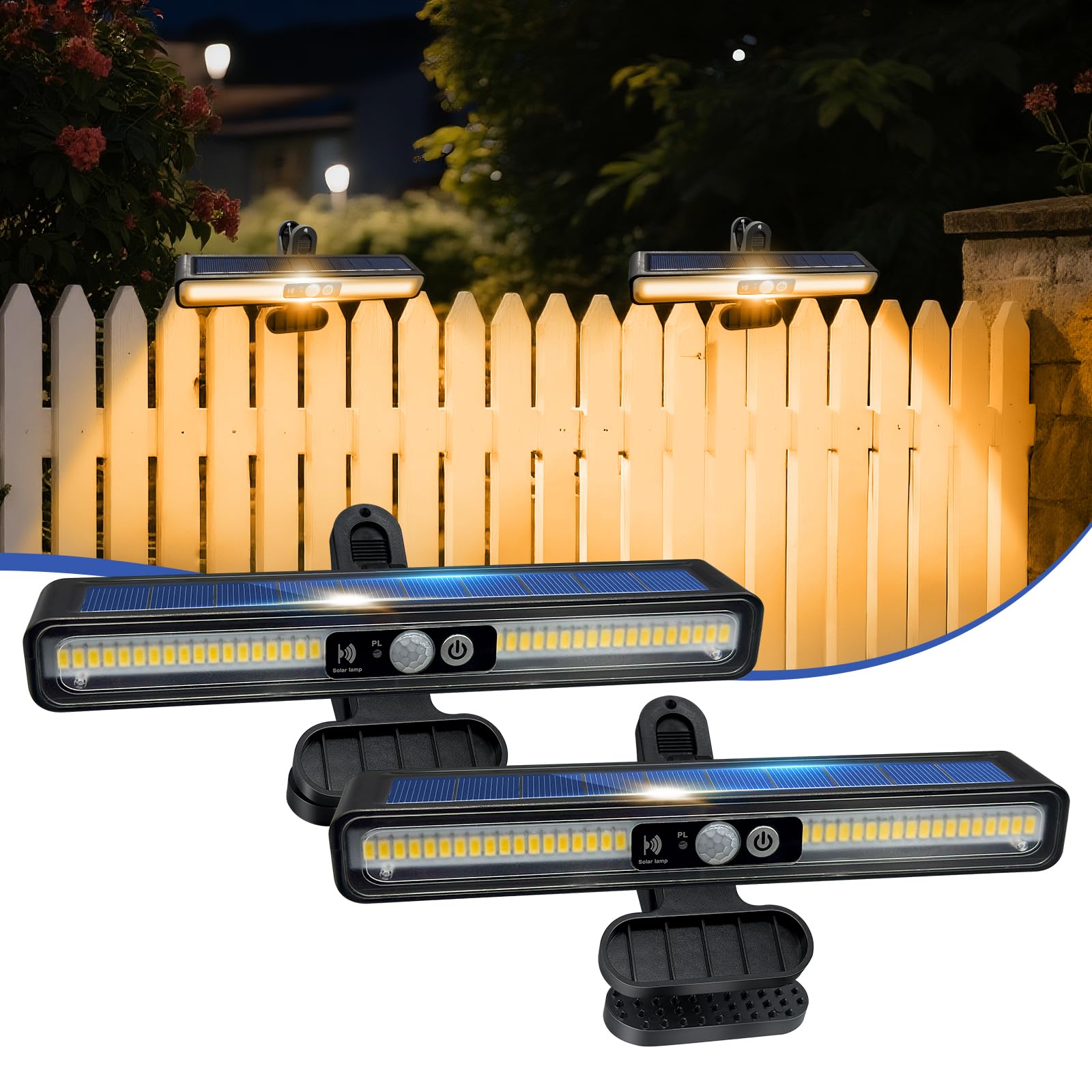 Clip On Solar Motion Lights Outdoor  2 Pack 3 Modes Fence Lights Solar Powered  36 LEDs 6500K Waterproof  Portable Security Light for Yard  Camping  Garage(Warm Yellow)