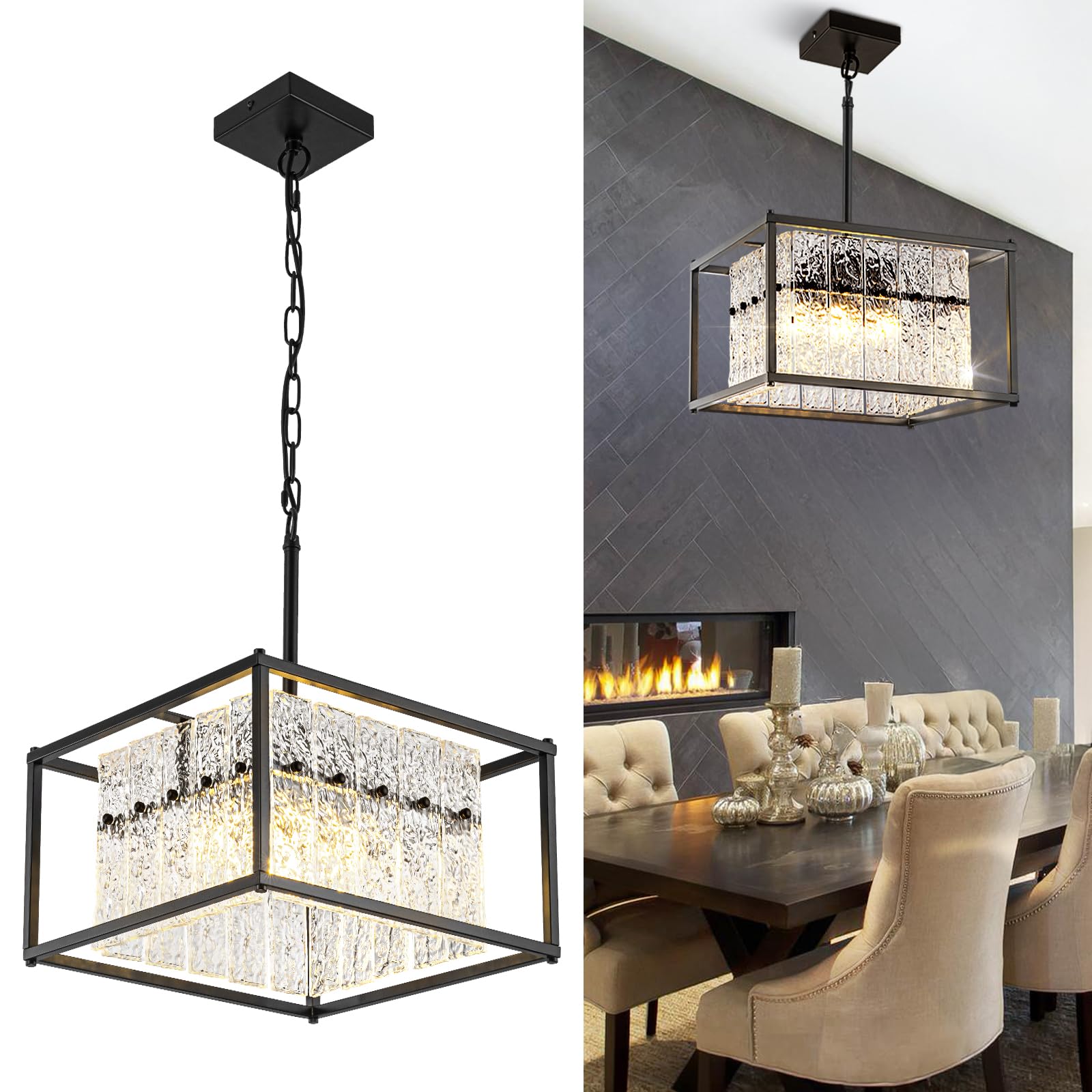 Jsdorsy Modern Black Crystal Pendant Light For Kitchen Island, 4-Light Water Ripple Glass Chandelier, Adjustable Height Dimmable