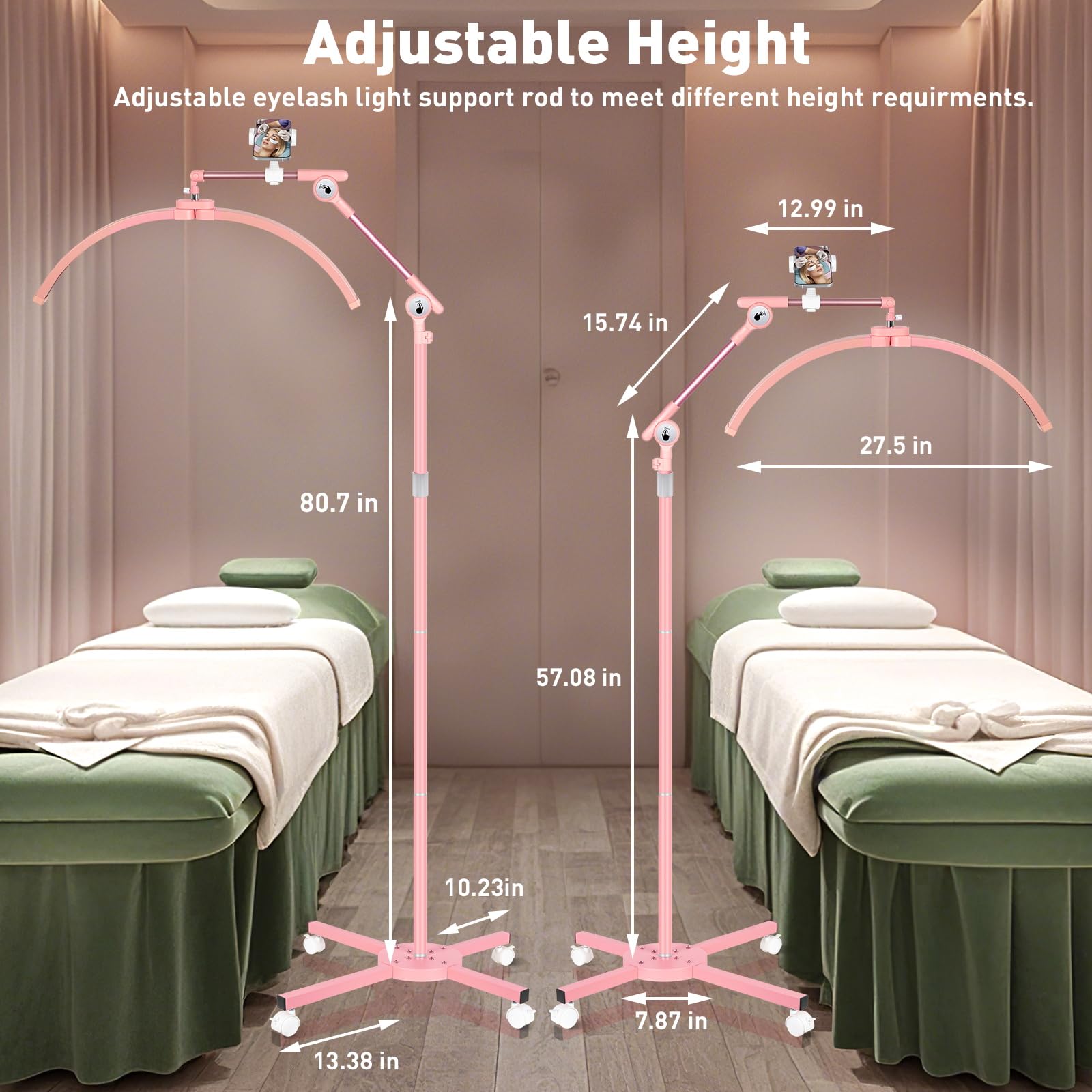 Hitti Half Moon Light For Eyelash Extensions Tattoo Artists  2025 New Upgrad Led Lash Tech Light With 4 Wheel Rolling Base  Large Floor Lamp 5 Color Modes Stepless Dimming & Phone Holder-Pink