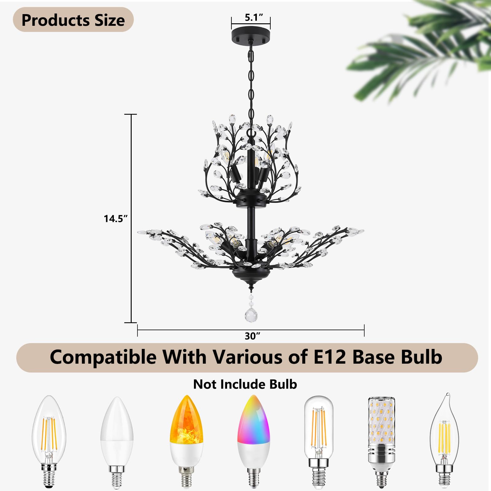 3Wwwuee Black Crystal Chandelier, Farmhouse 8-Light Large Branch Pendant Light With Adjustable Chain, 2-Tier Vintage Flower Ceil