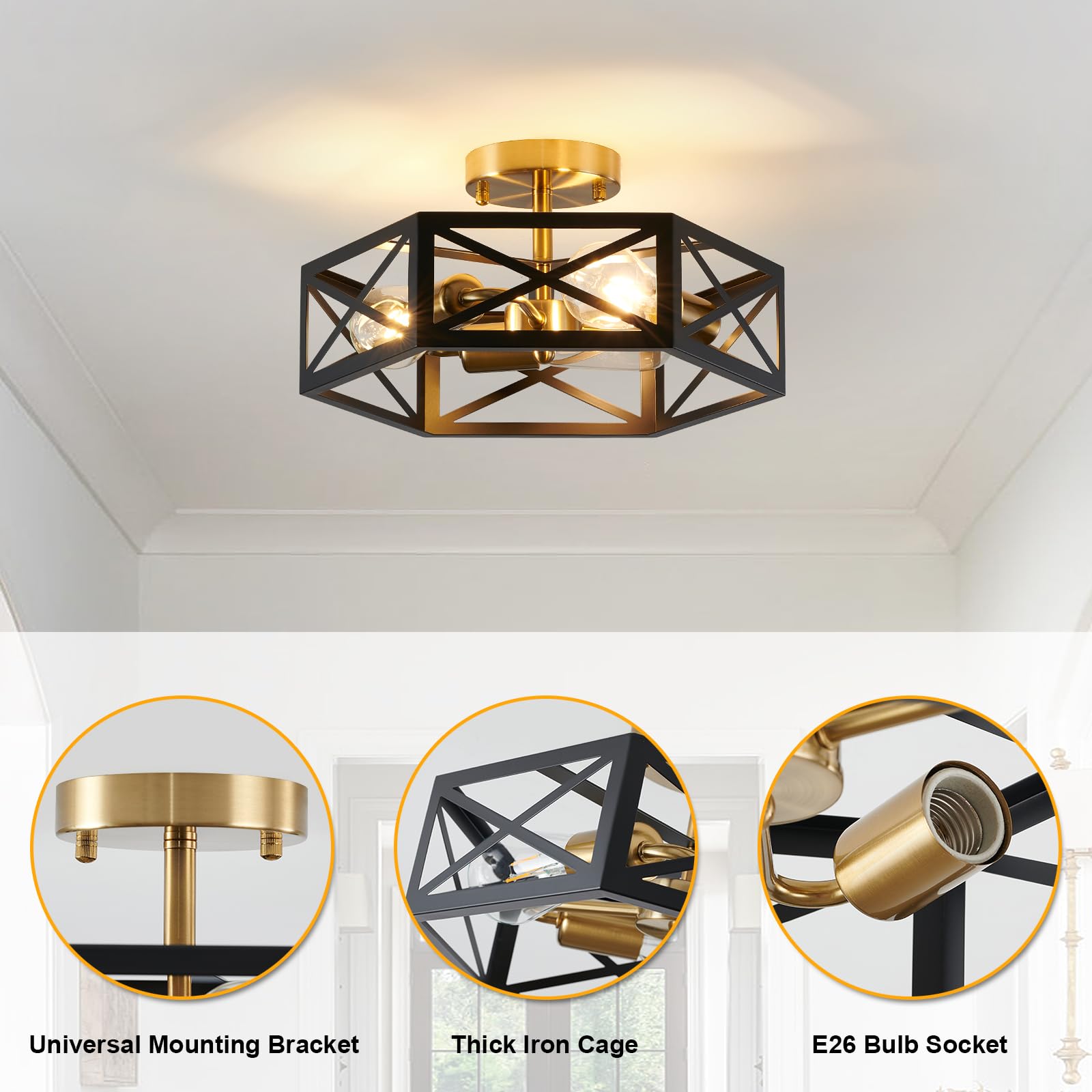 XSDeTu Modern Flush Mount Ceiling Light, 3-Light Black Gold Metal Hexagon Cage Fixture for Kitchen, Hallway, and More