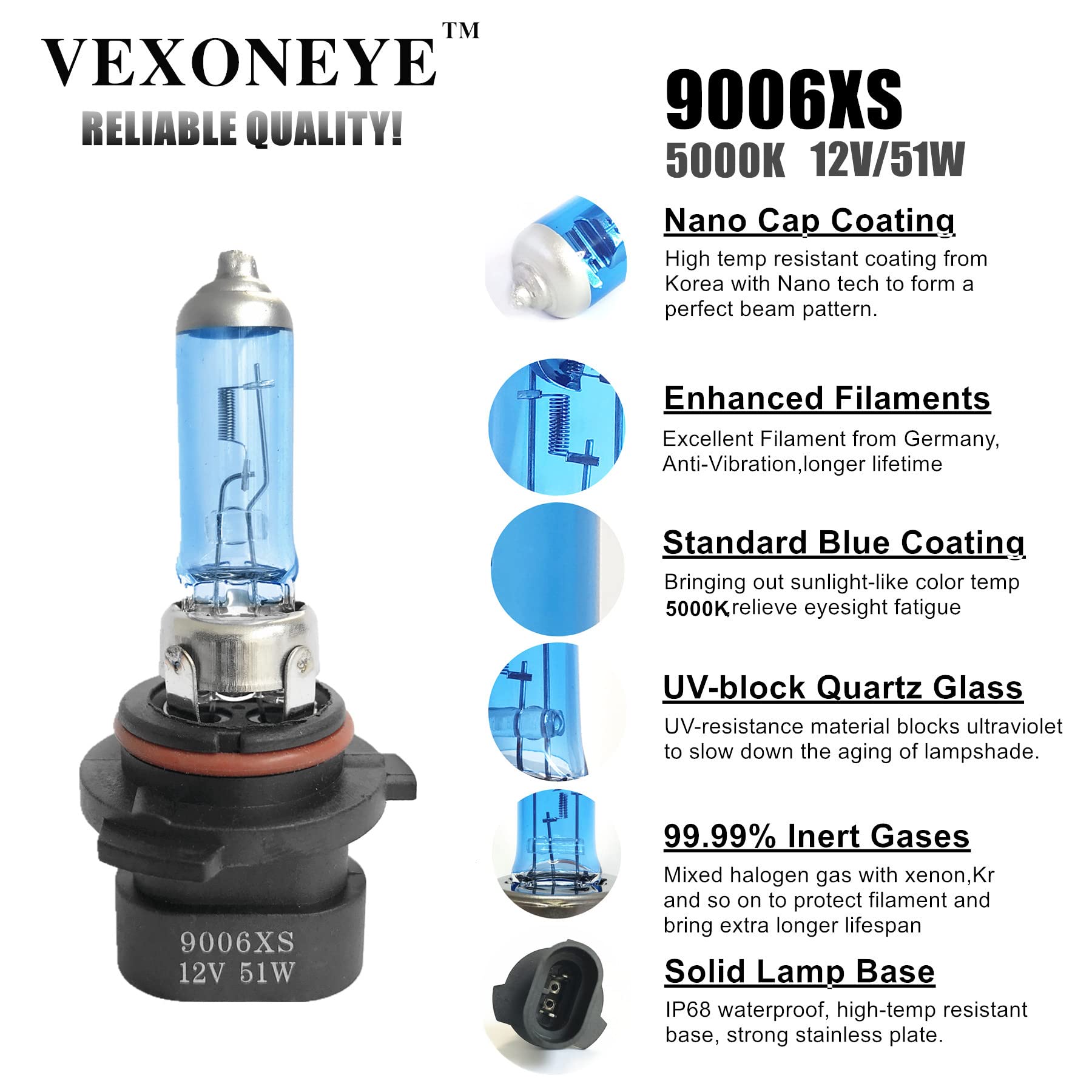 Vexoneye 9006Xs Halogen Headlight Bulb 12V 51W White 5000K Light Bulbs Headlamp Super Bright 9006Xs