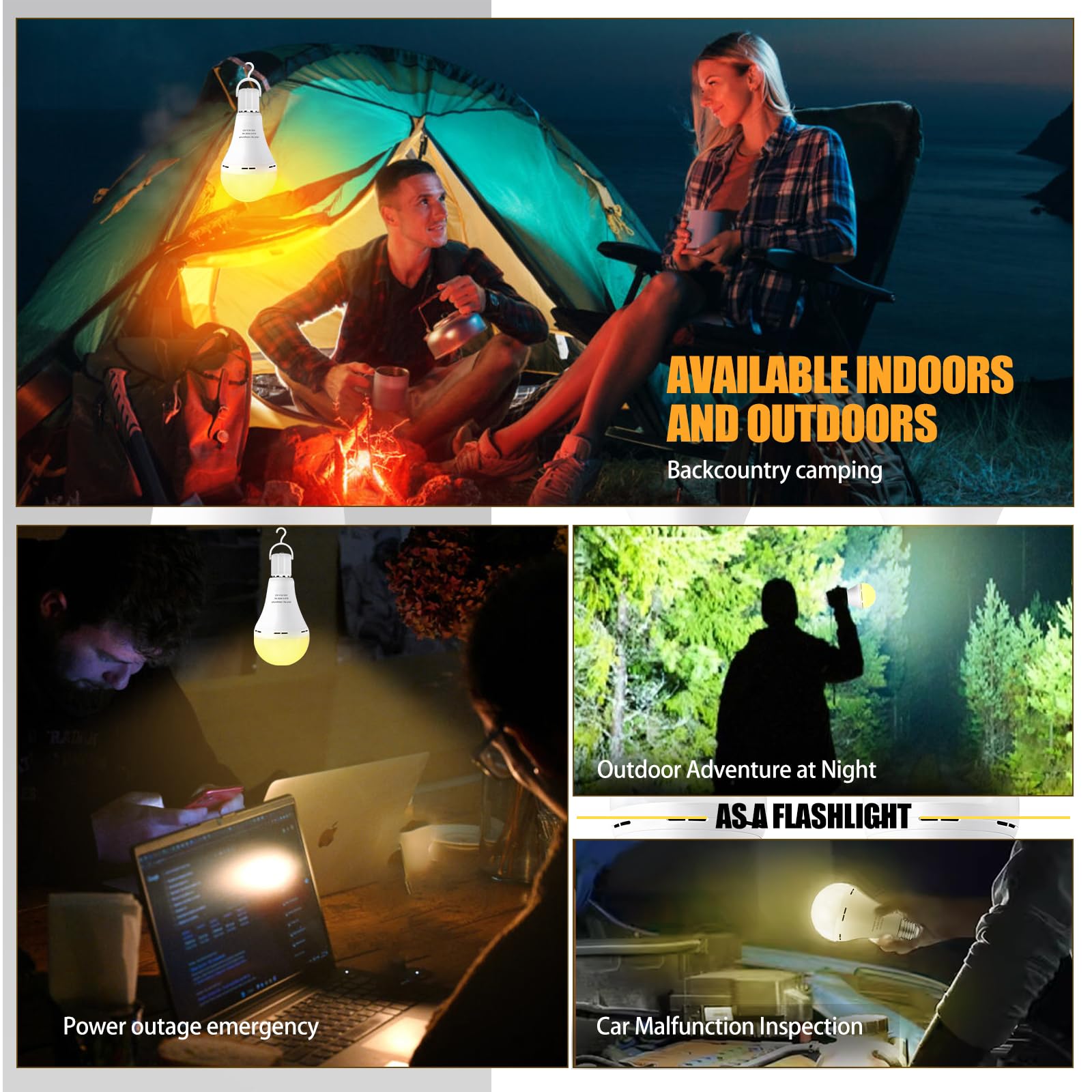 Noger Emergency Rechargeable Light Bulbs 6 Pack, A21 9W 3000K Battery Operated, 1200mAh for Home & Camping, Warm White