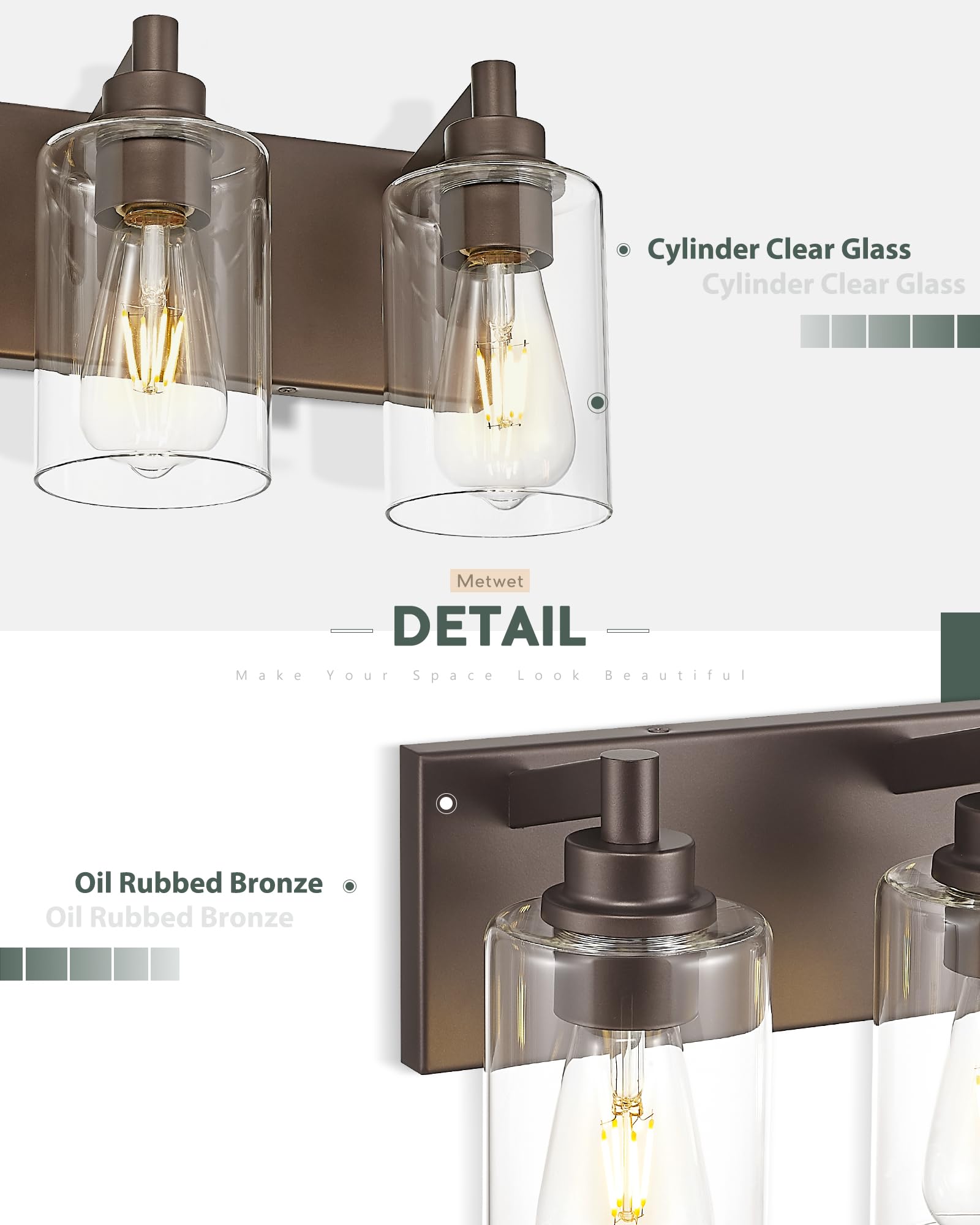 METWET 4-Light Bathroom Vanity Light Fixture, Brushed Gold Metal with Clear Glass Shade, Model VL143-BG-4