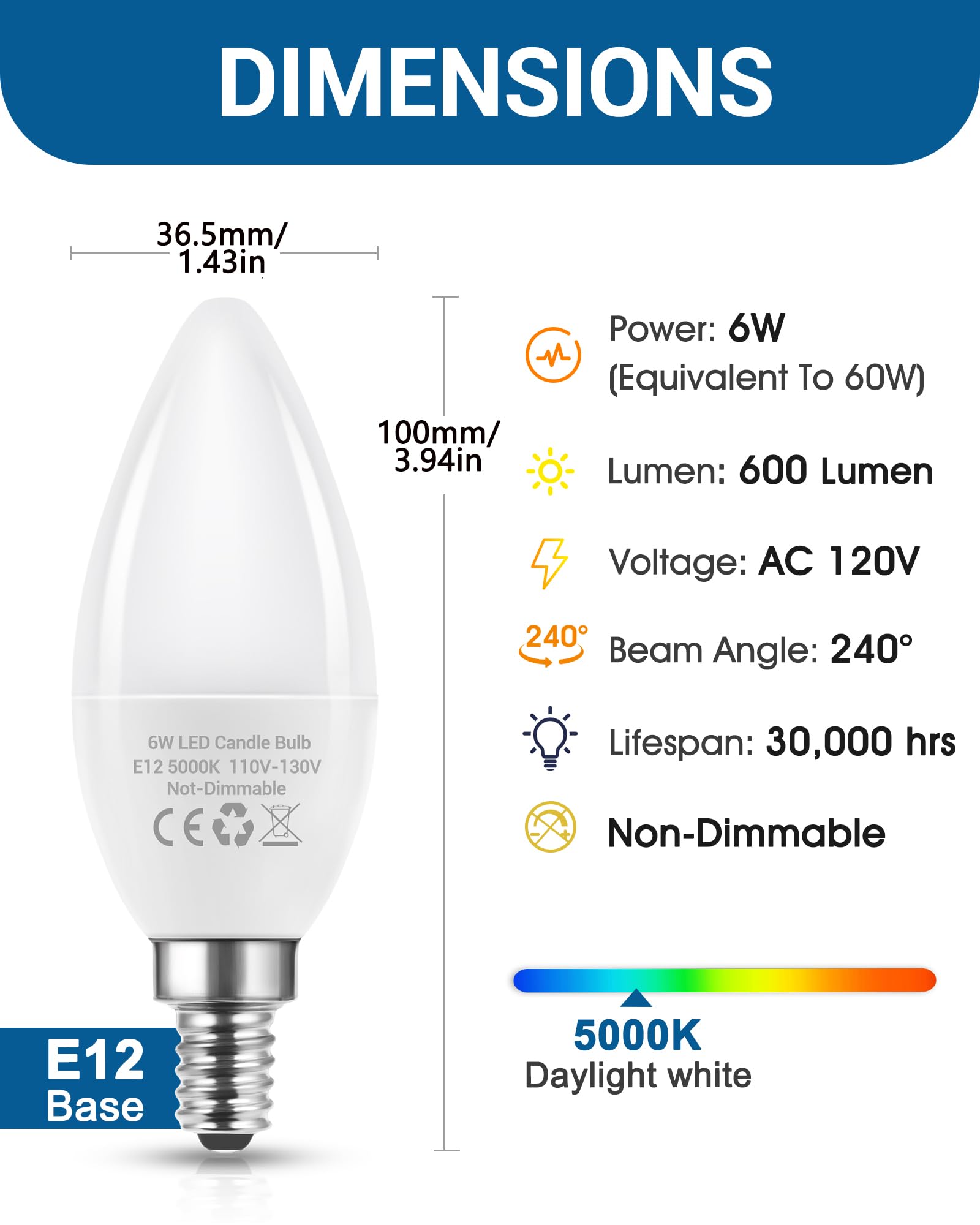 Flaspar E12 LED Light Bulbs 3 Pack, 60W Equivalent, 5000K Daylight, Not-Dimmable, 600 Lumens, B11 Candle Shape for Ch
