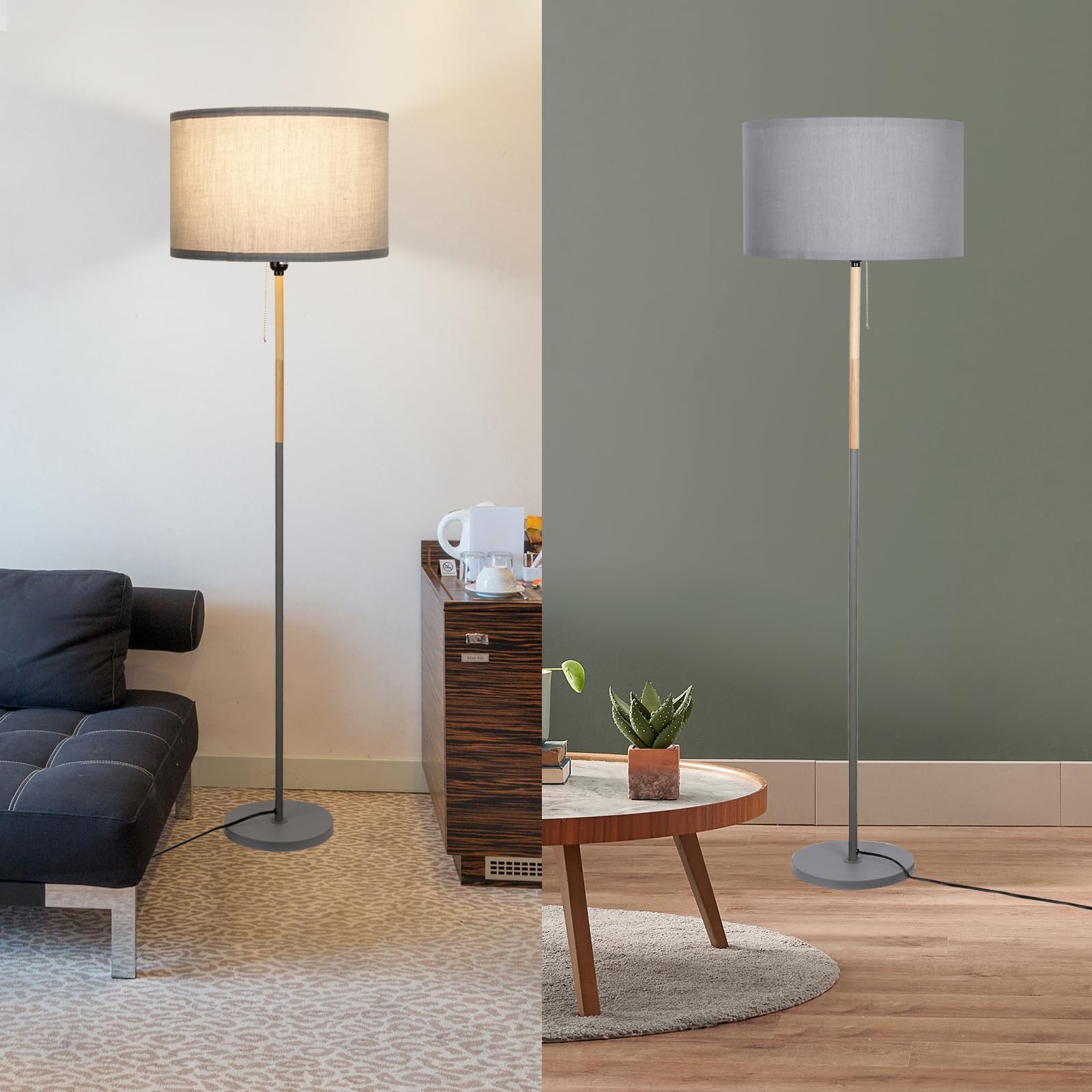 LALISU Modern Floor Lamp - Gray Metal with Linen Shade, Mid-Century Design for Living Room, Bedroom, and Office