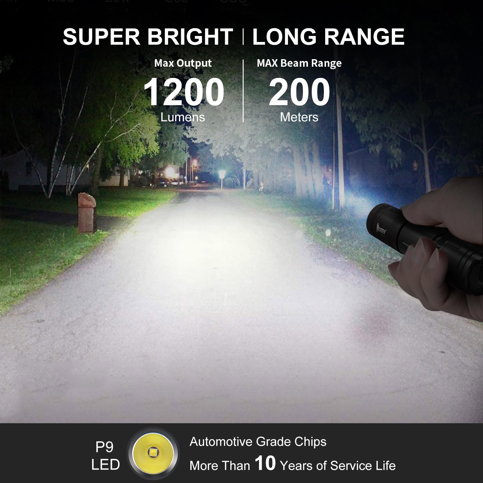 WUBEN L50 Rechargeable Flashlight, 1200 Lumens, IP68 Waterproof, Aluminum, Black