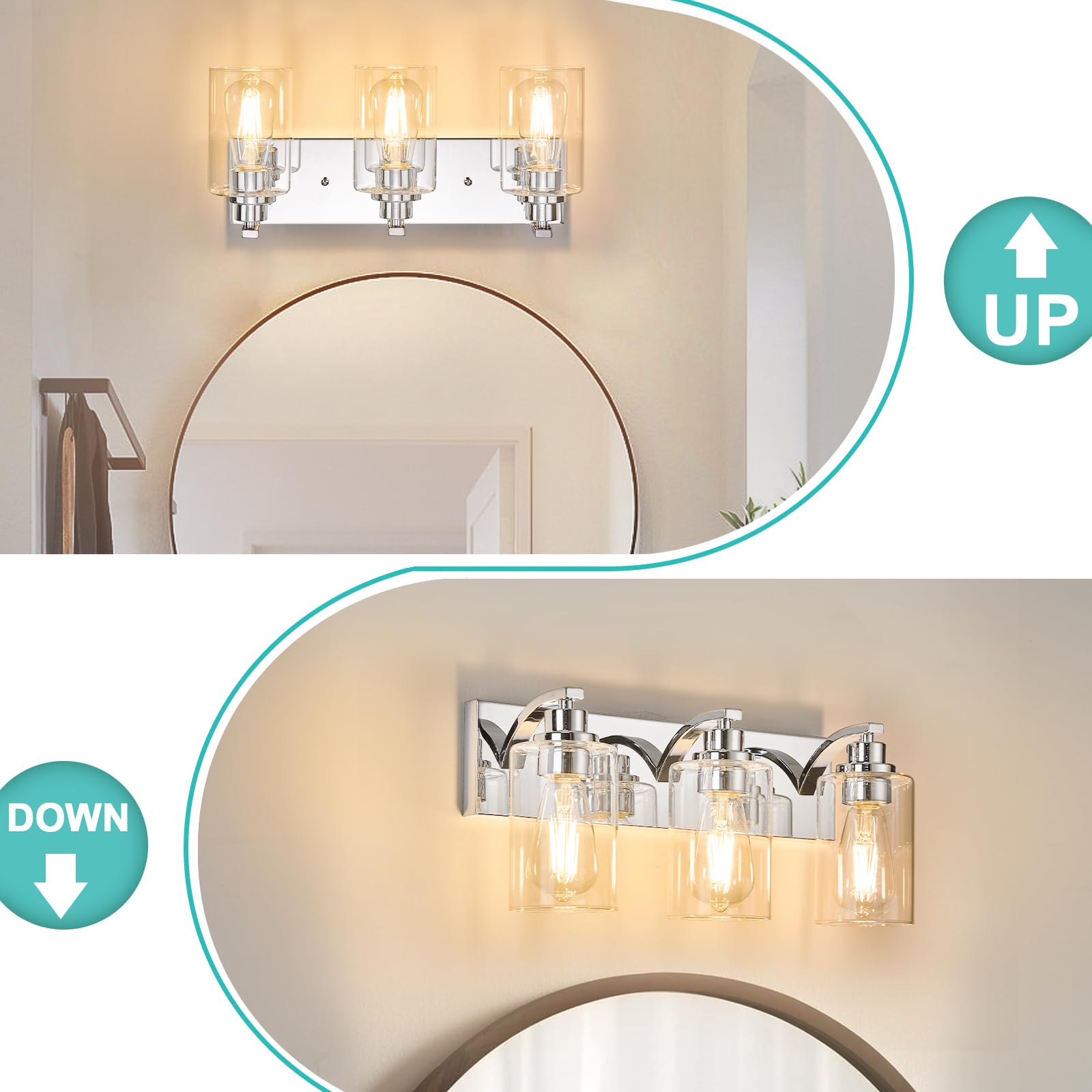 Alaislyc 3-Light Chrome Bathroom Vanity Light Fixture With Clear Glass Shade For Mirror