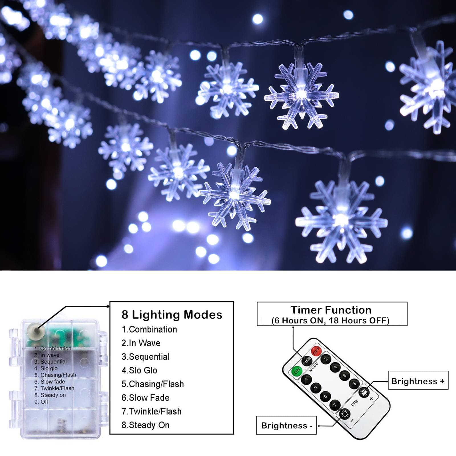 Christmas Snowflake String Lights, 20 Ft 40 Led Battery Operated Fairy Lights With Remote, 8 Modes Timer Hanging Decor For Bedroom Patio Party Wall Indoor Outdoor Xmas Tree Decorations Cool White