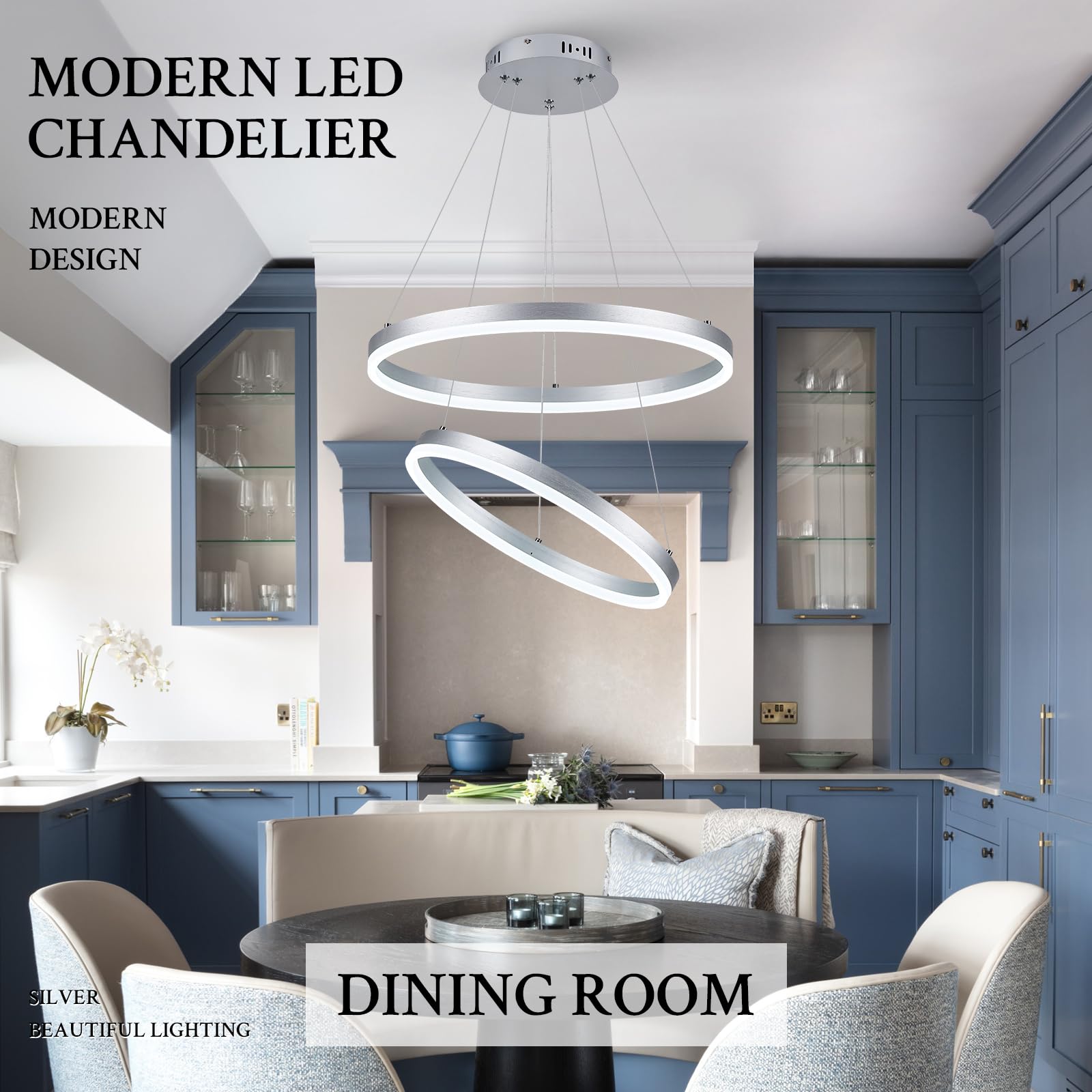 Sparklelf LED Chandelier Pendant Light, 2 Rings, Silver, Remote Control, Flush Mount, Model SL-BK-LED2R-SL197, 3000K-6500K