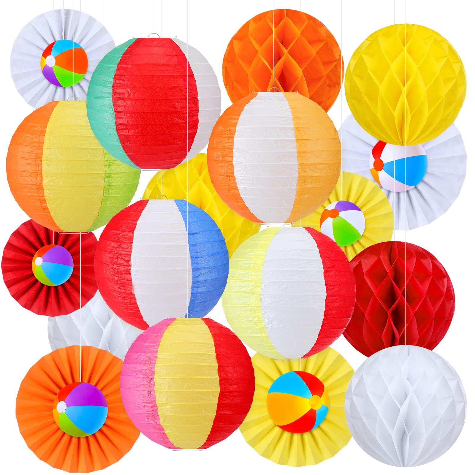 Retisee 18 Pcs Summer Beach Theme Party Decorations Beach Ball Paper Lanterns Fans Honeycomb Decorations Kit Summer Lanterns Fan