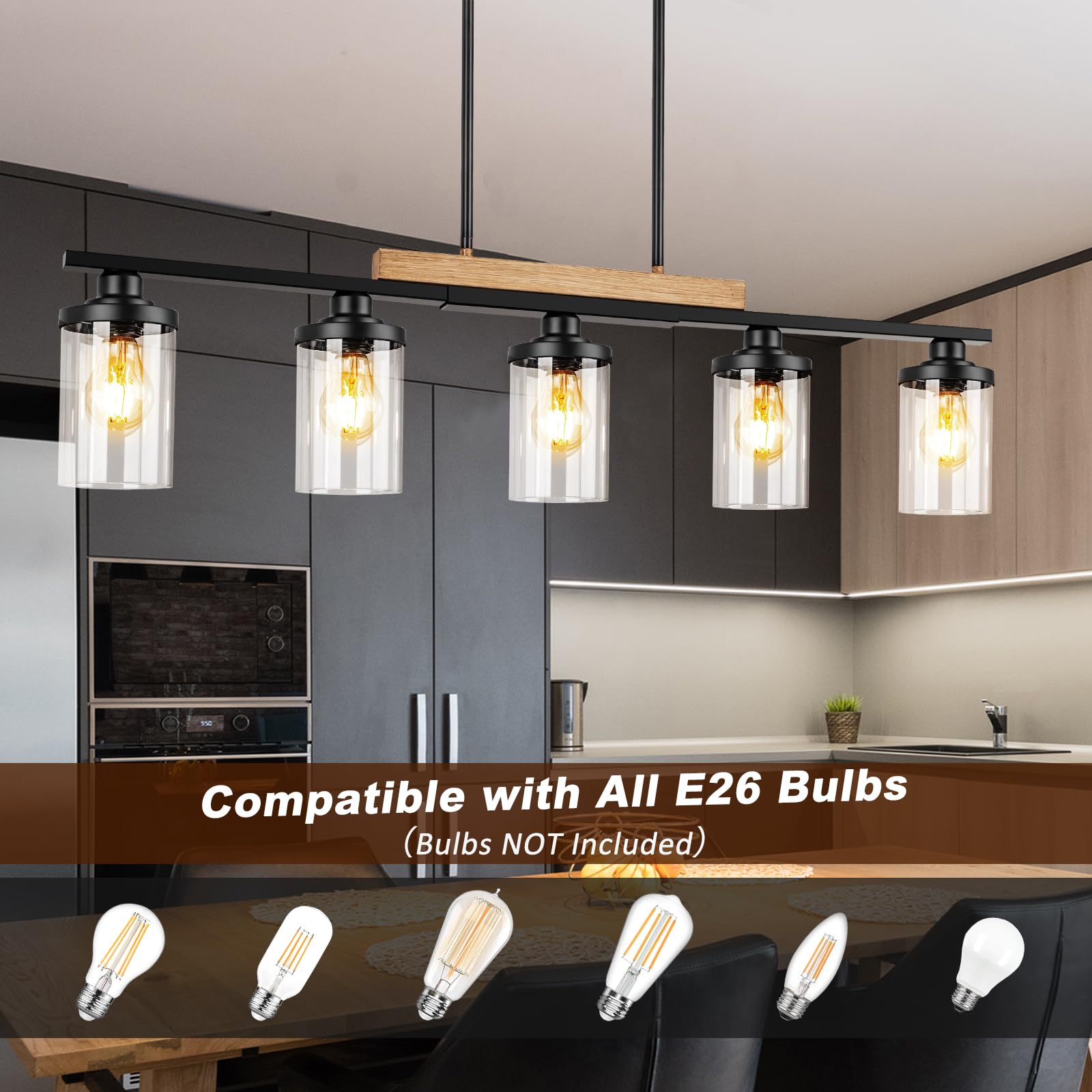 5-Light Kitchen Island Lighting, Farmhouse Dining Room Chandelier Over Table, Modern Pendant Light Fixture With Adjustable Height, Large Black Ceiling Light For Dining Table Sloped Ceiling Compatible