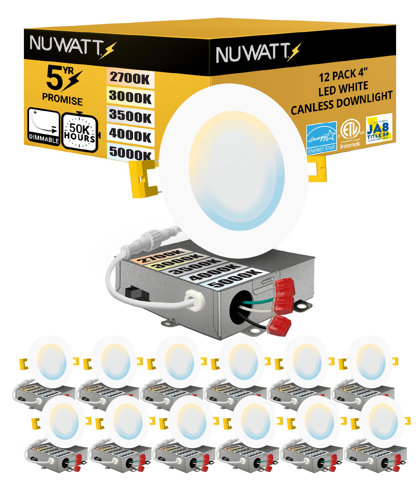 NUWATT 12 Pack, 4 Inch Ultra-Thin LED Recessed Lighting, 5CCT 2700K/3000K/3500K/4000K/5000K Selectable, 630LM, 9W, IC Rated, Dim