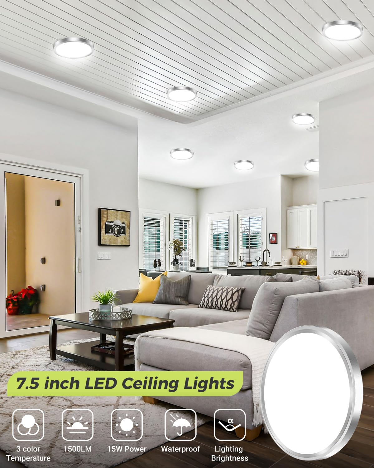 hepside LED Flush Mount Ceiling Light, 3CCT 3000K-4000K-6500K, 15W 1500Lm, 7.5 Inch, Br