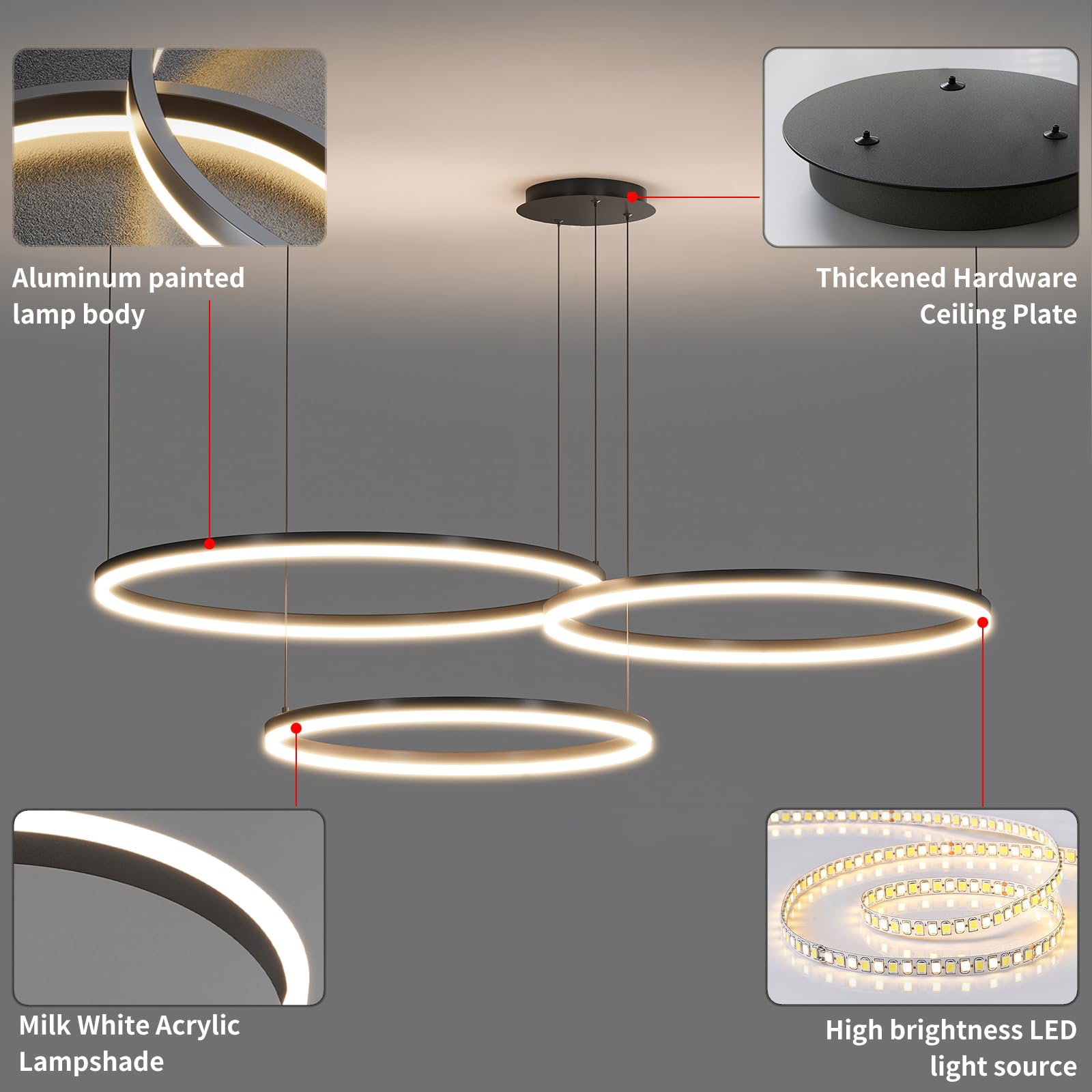 Matven Modern Dimmable Chandelier Light, Remote Control, 3 Color Modes, 15.7+23.6+31.4in, Black, Model KD-YX, Acrylic Material