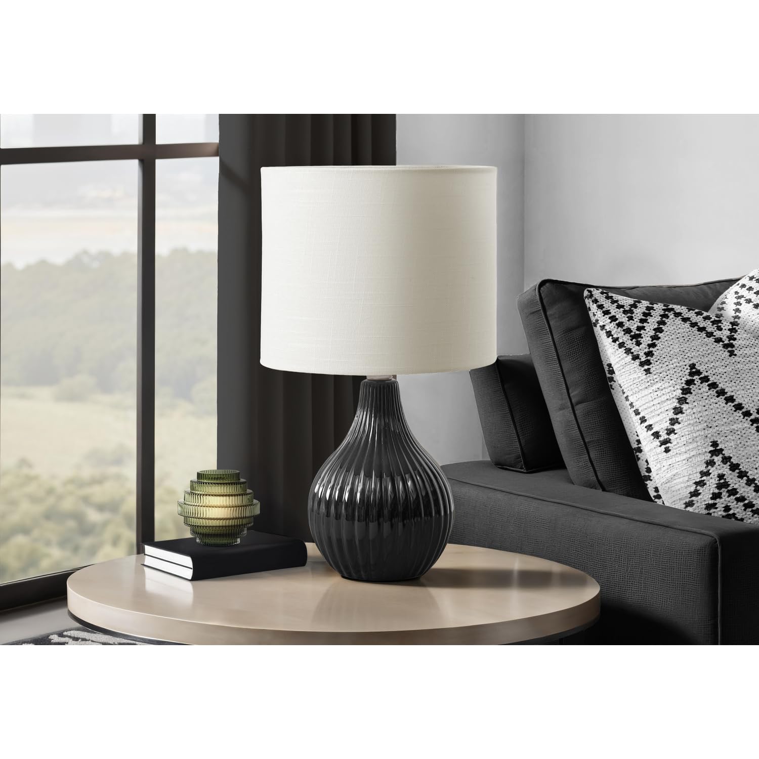 Monarch Specialties Table Lamp I 9775, 17in H, Black Ceramic, Ivory Shade, Contemporary Design