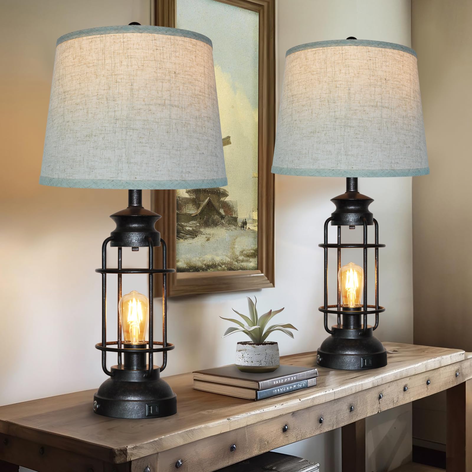 Table Lamps Set of 2 with USB Port 3 Way Dimmable Touch Lamps 28.5'' Tall Rustic Industrial Living Room Lamps for Bedroom Bedsid