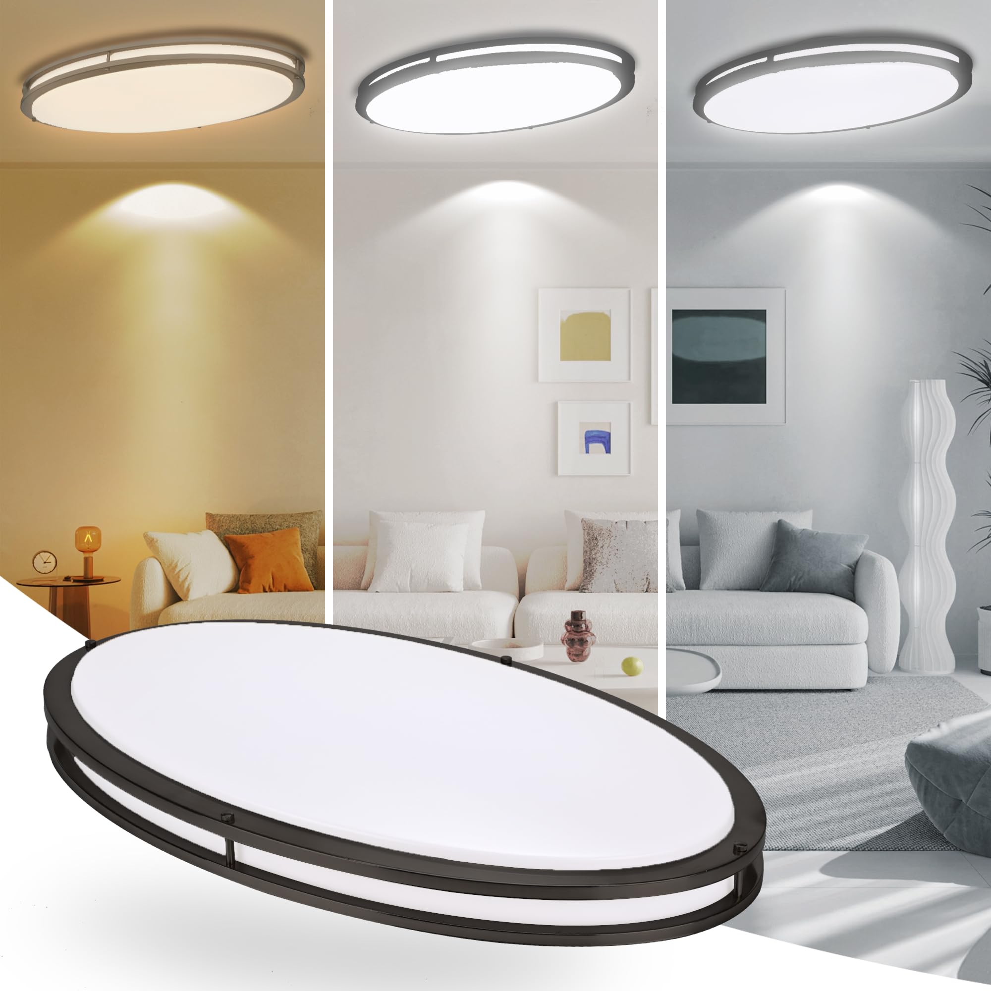 Faymart Lighting 33 Inch Black LED Flush Mount Ceiling Light 3000K/4000K/5000K Alloy Steel for Living Room, Kitchen, Bathroom