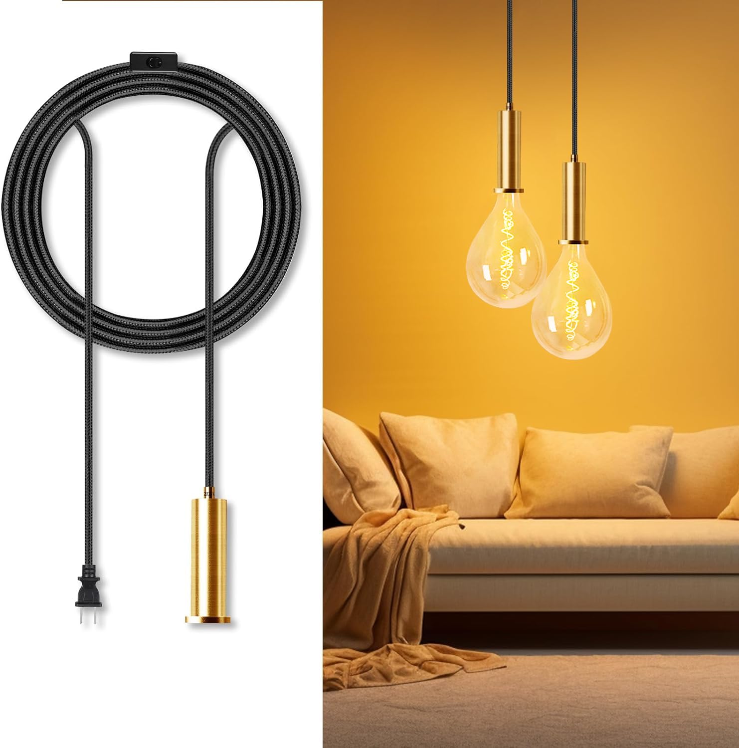 AMDTU Plug in Pendant Light Fixtures with Cord Hanging Lamp, 15FT Hanging Lights with Golden Long E26 Socket, Industrial Decor D