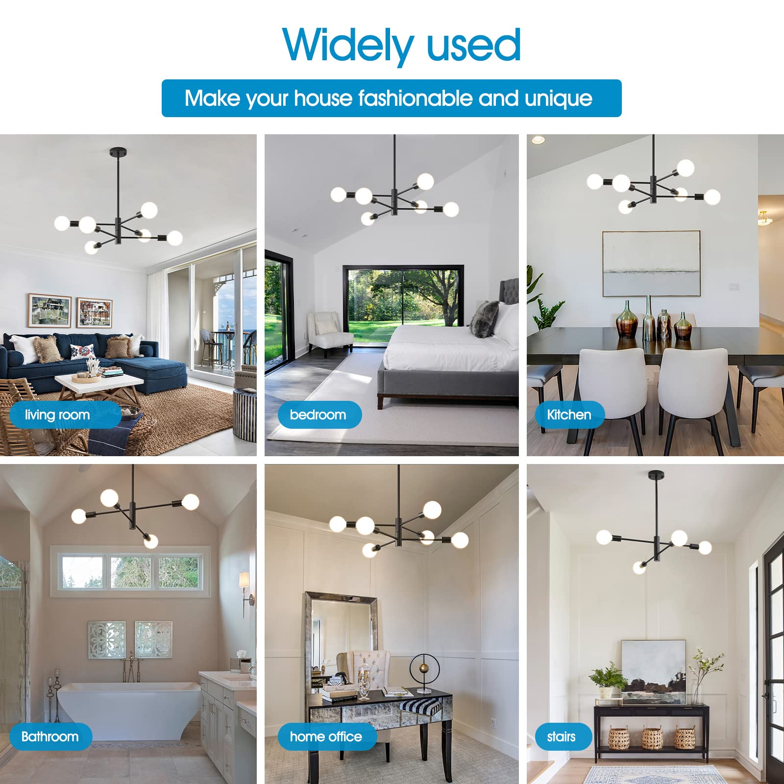 Hhr Modern Sputnik Chandelier - Industrial 6-Light Black Pendant Light For Kitchen & Living Room