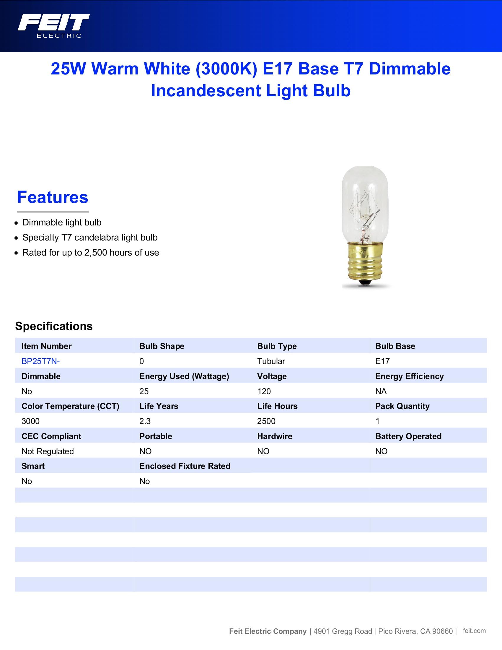 Feit Electric LED Light Bulb T6 Special Use 15W Equivalent 1 Count Warm White BPT6/SU/LED Plastic