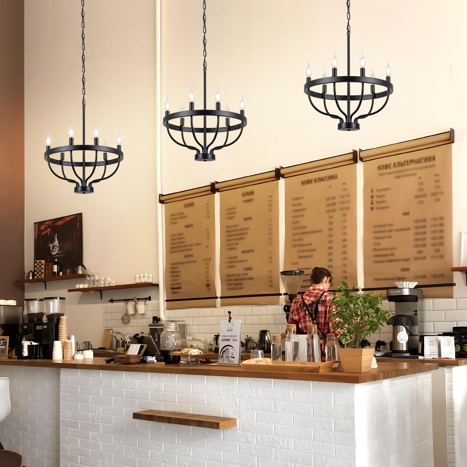 Black Dining Room Light Fixture, 6-Light Black Chandeliers For Dining Room Farmhouse Wagon Wheel Chandeliers, Adjustable Height