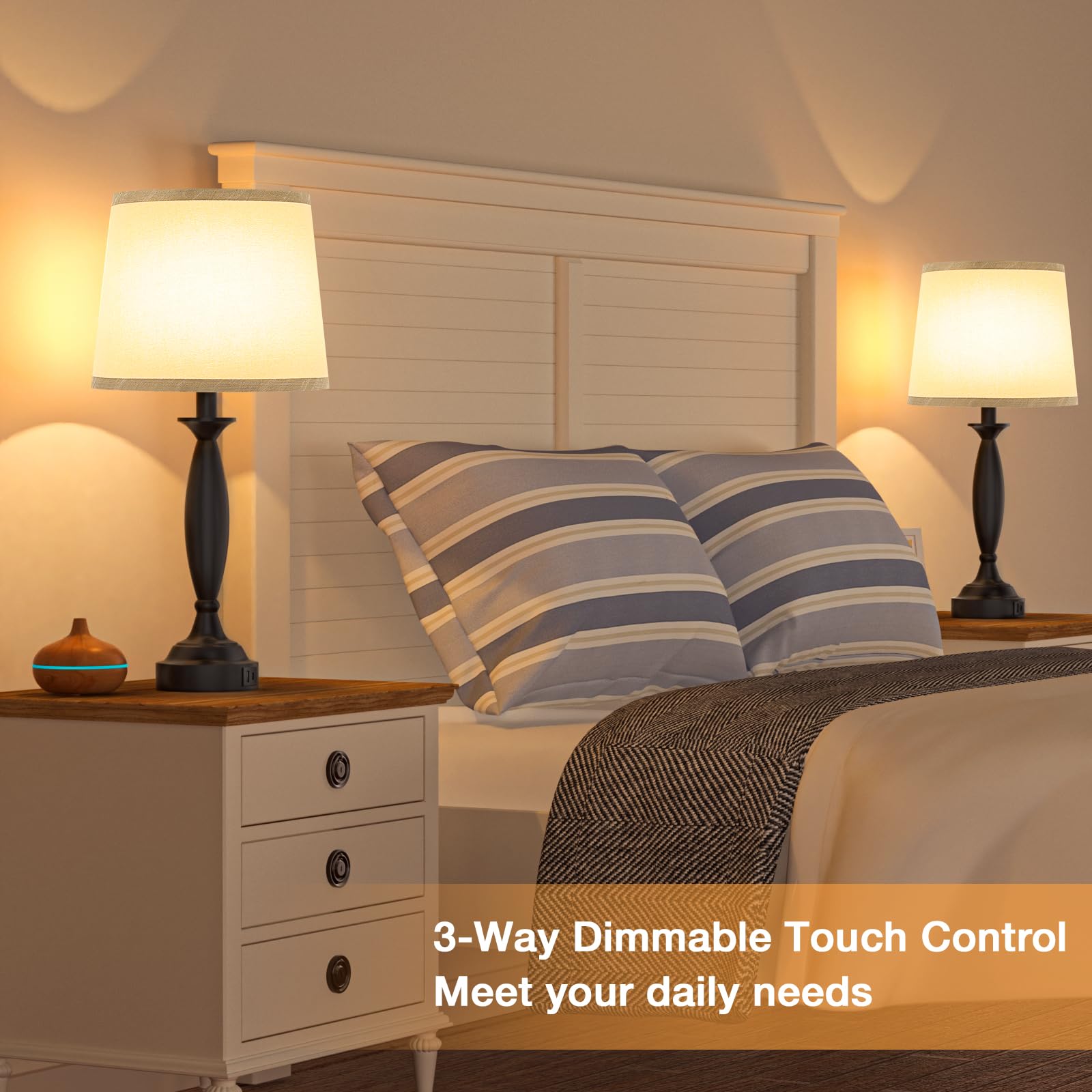 Grey Lamps For Bedrooms Set Of 2 - Touch Control Bedside Lamp With Usb C+A, 3 Way Dimmable Nightstand Lamps With Usb Port, Table