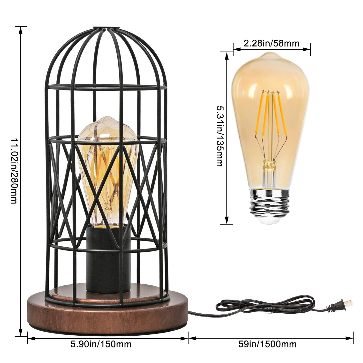 Seaside Village Touch Control Table Lamp - Vintage Metal Cage, 3-Way Dimmable, Bronze Base, Edison Bulb Included for Bedroom or Hallway