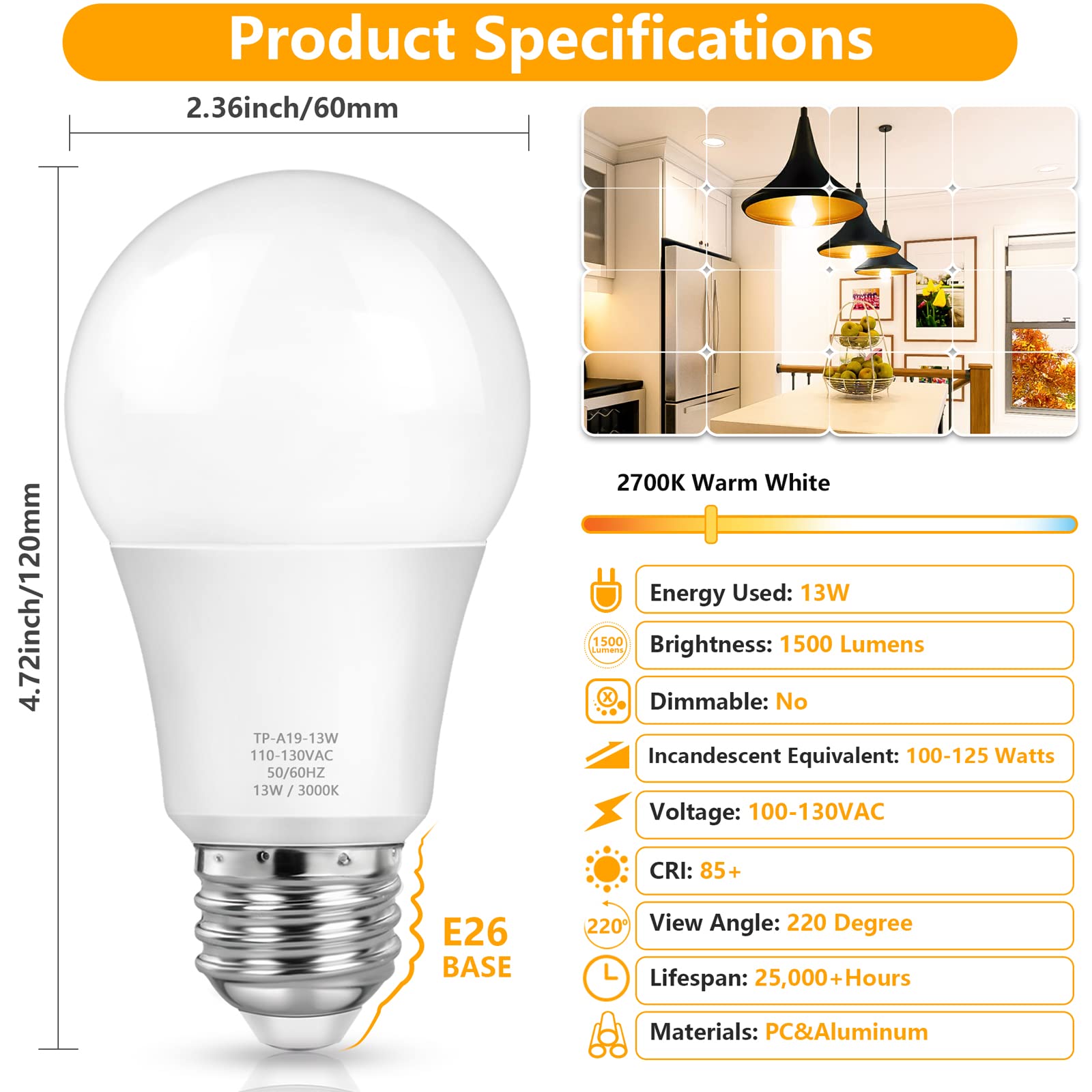 Maxvolador A19 Led Light Bulbs, 100 Watt Equivalent Led Bulbs, Warm White 2700K, 1500 Lumens, E26 Standard Base, Non-Dimmable, 1