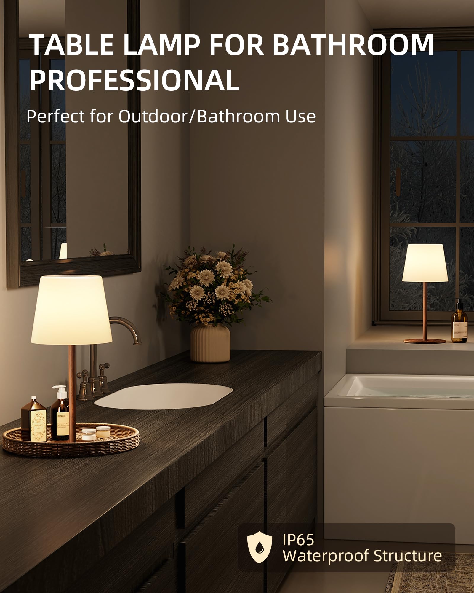 EZVALO Cordless Table Lamp - IP65 Waterproof, 2 Pack, Rechargeable with 4500mAh Battery, Dimmable LED Night Light in Wood Grain