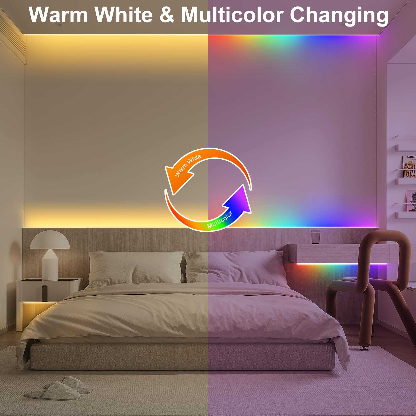 echosari LED Strip Lights, 10Ft Dual Color Changing, Remote Control, Battery Operated, Warm White & Multicolor, Cuttable Adhesive Lights