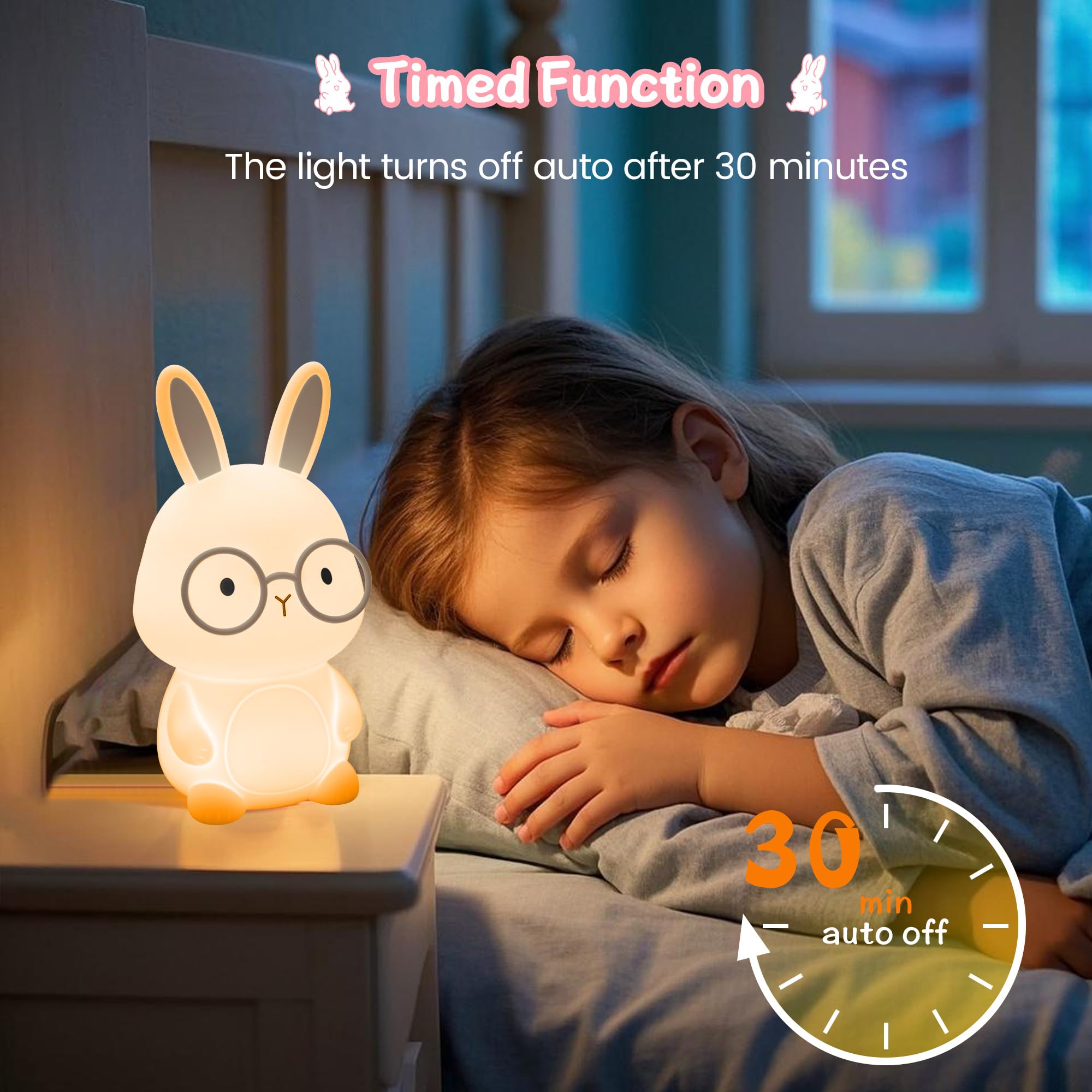 FAMIDUO Bunny Night Light, Rechargeable LED Rabbit Lamp, Silicone, Color Changing, 3 Levels Dimmable, White-Gray, Model XR-MM-L2414