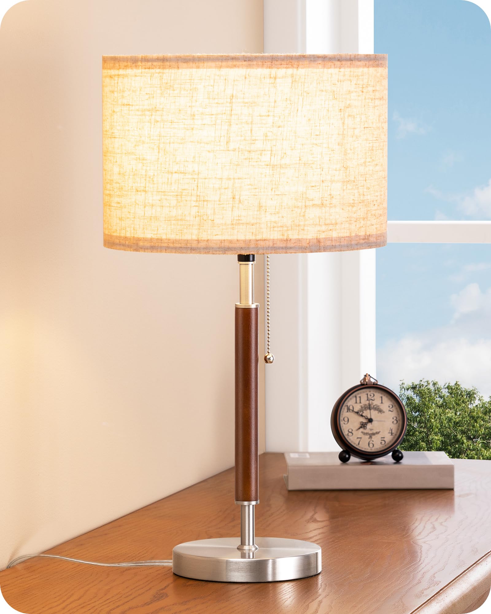 EDISHINE Mid Century Table Lamp, Solid Wood & Metal, Beige Linen Shade, E26 Base, Silver Finish