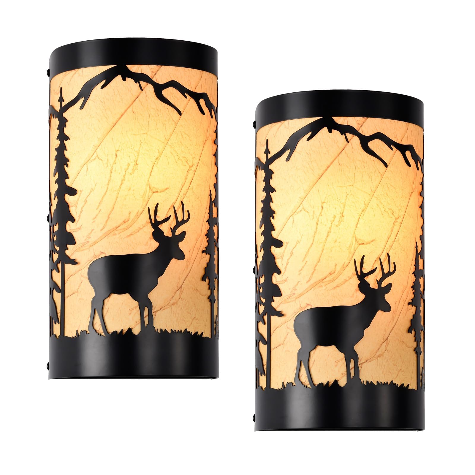Sunnyin Wall Sconces Set of Two,Deer Metal Yellow Parchment Rustic Wall Sconces,Farmhouse Matte Black Wall Mount Lamp,Bedroom Wa