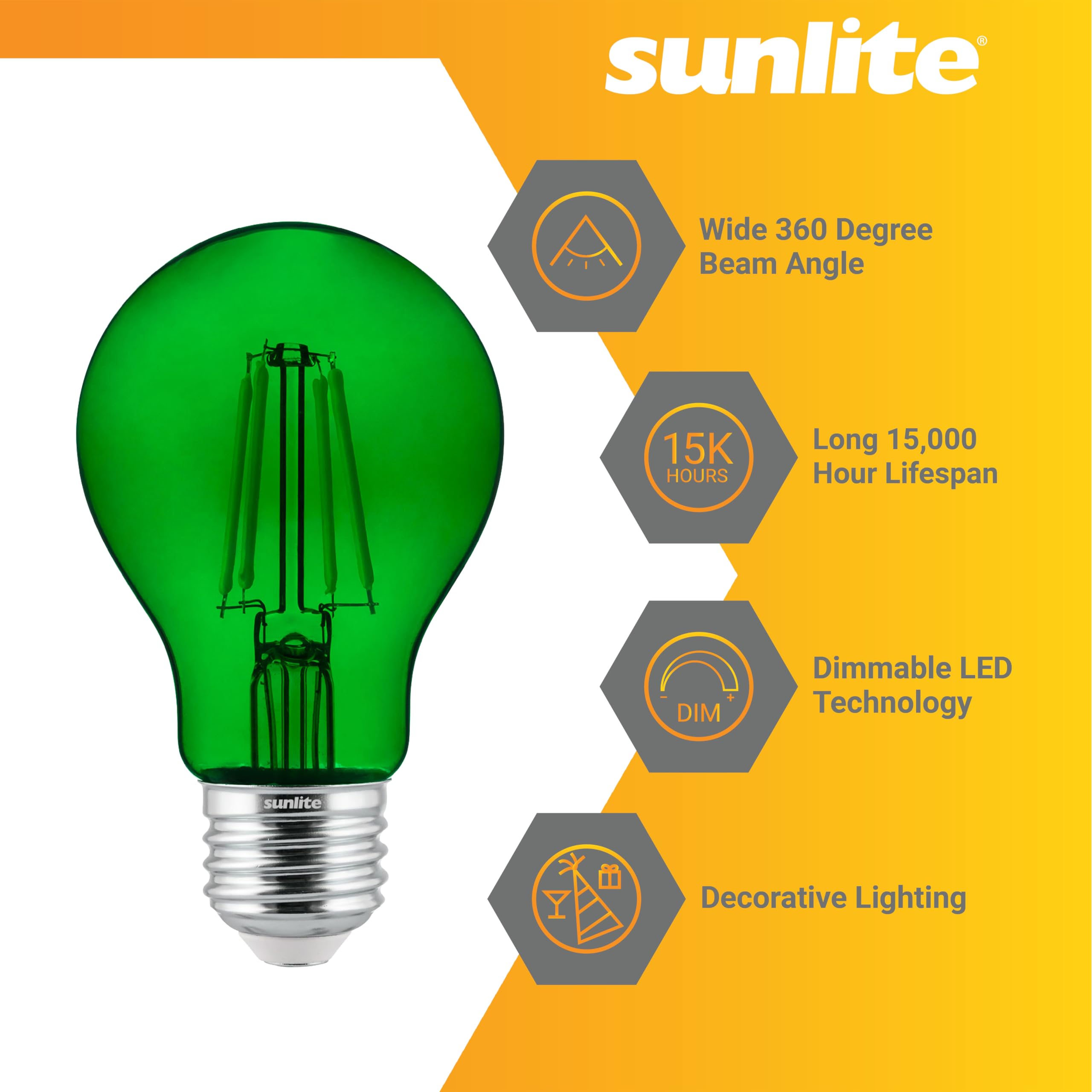 Sunlite 40941 Led Colored Filament A19 Light Bulb, 4.5 Watts, Medium E26 Base, 120 Volts, Transparent Green, Dimmable, 320 Degre