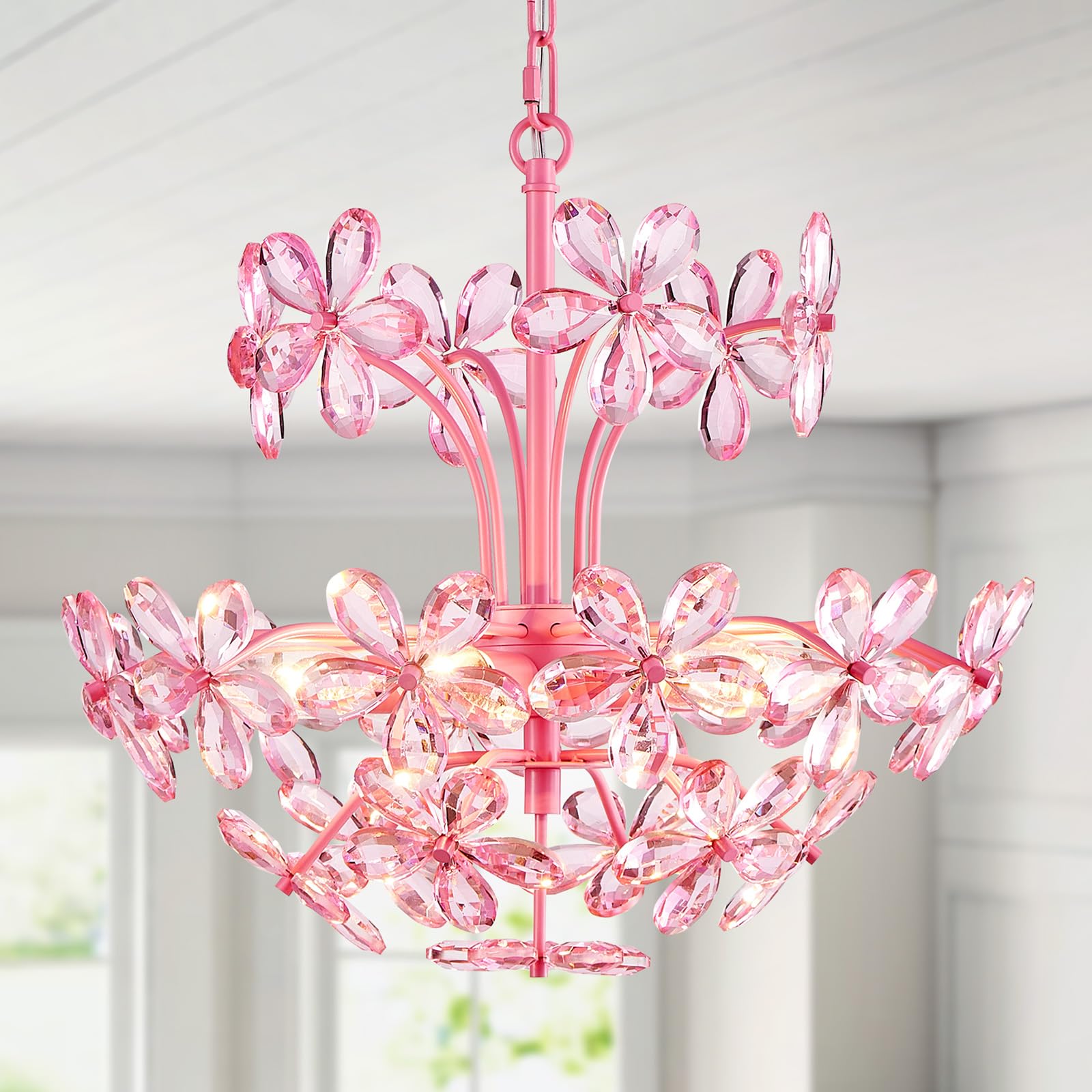 WUZUPS Crystal Chandelier Pendant Light, 15.7in H x 17.7in W, Pink, Metal, 6 Lights, Model USHD90013P-P