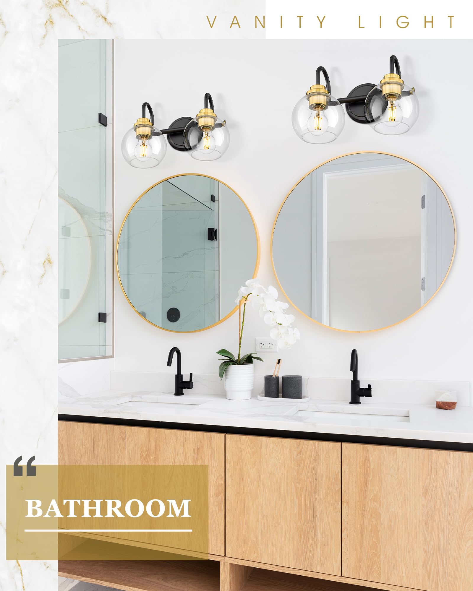 Audickic Bathroom Light Fixtures  2-Light Black And Gold Vanity Lights With Globe Clear Glass  Modern Vanity Lighting Fixtures Over Mirror  Ad-22280-2W-Kg