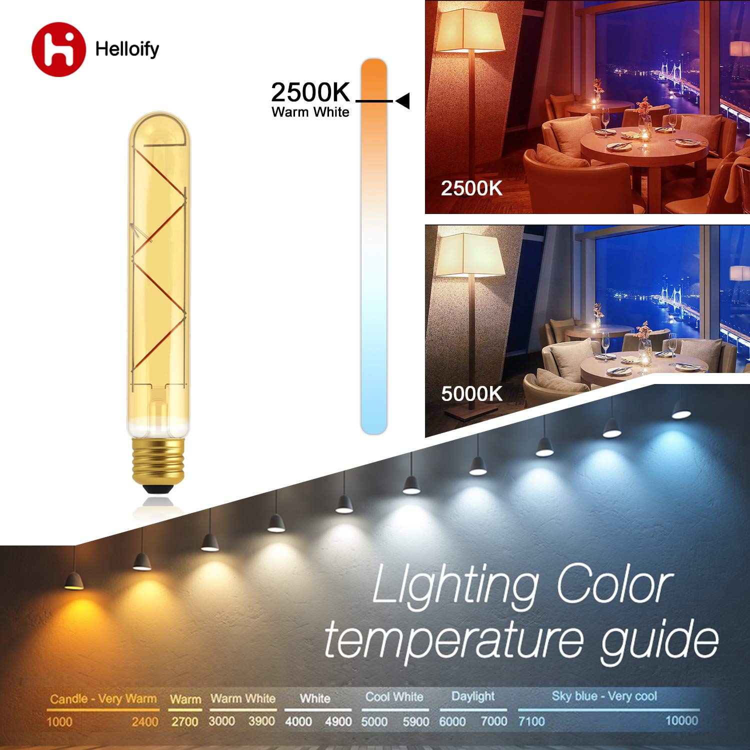 Helloify T10 Dimmable Vintage Led Edison Tubular Bulb, 40W Equivalent, High Brightness, Warm White 2500K, Amber Glass, Tube Cove