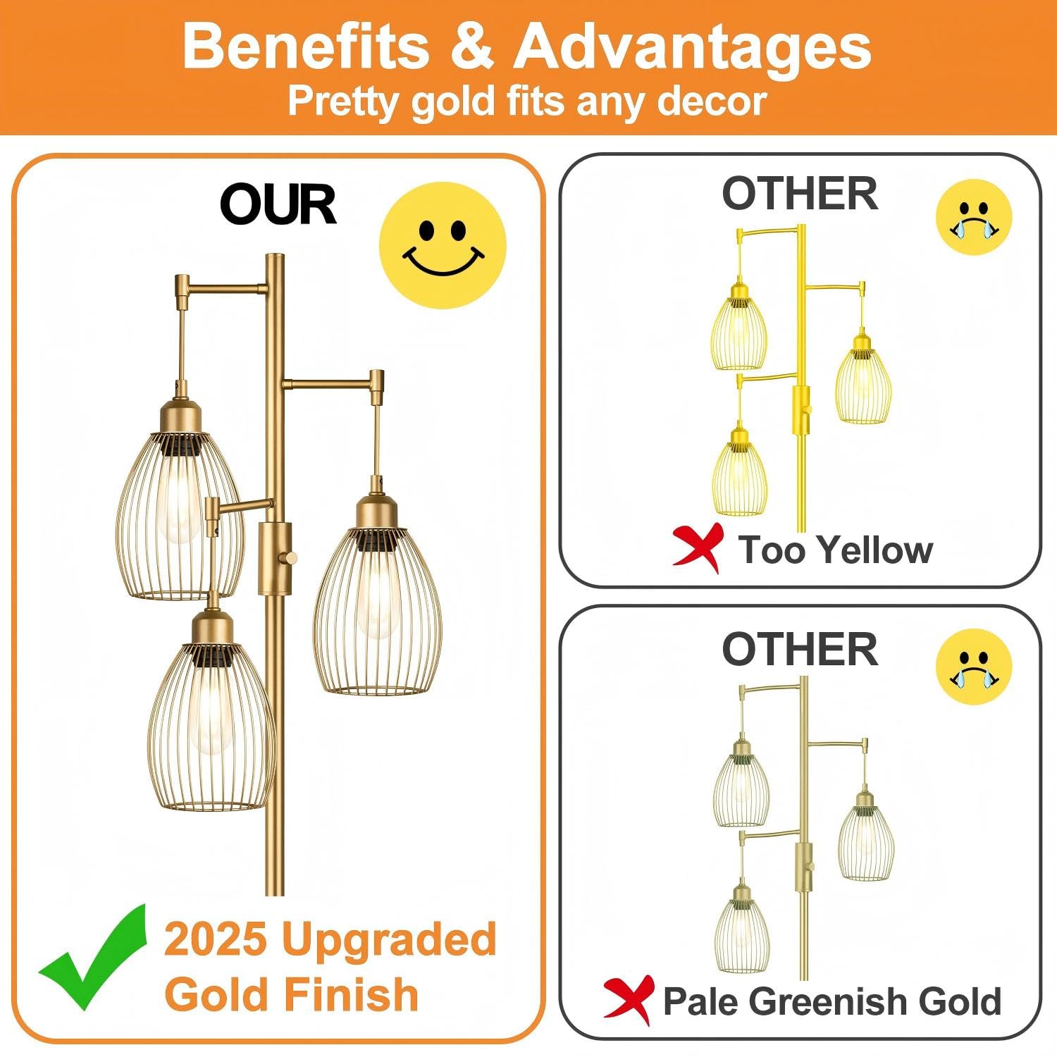 Torondo Dimmable Floor Lamp, Gold Metal, 68 inches, Model FL1908, Industrial Design, 800 Lumens, Teardrop Cage Head
